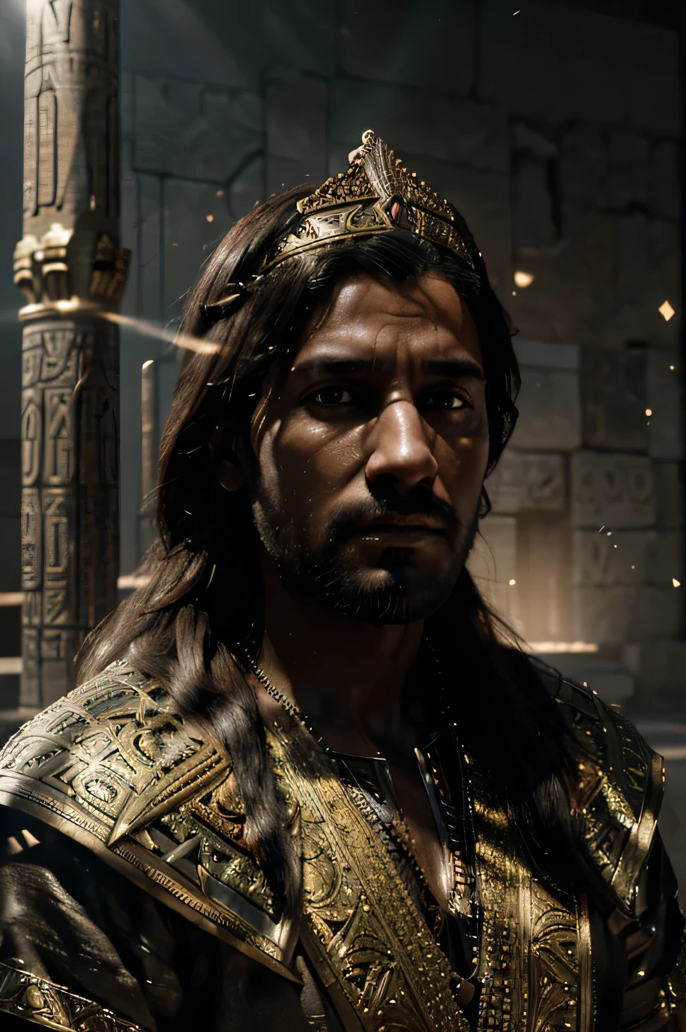 Image of a biblical character, called José, Rei do Egito, ((homem de 30 anos)), ((vestindo roupas reais, ano 1900 a.C.)), lighting coming from the clouds towards you, ((ambiente, palace in Egypt)) before the time of Jesus, (Professional 3D rendering: 1.3)(realista: 1.3) ((luzes no fundo, majestic ambiente)), ((8k full-body drive rendering)), rosto detalhado, ( vibrante, Photorealista, realista, dramatic, escuro, sharp focus, 8k), (Intricado: 1.4), Deteriorado, (altamente detalhado: 1.4), pintura digital, Octane rendering, art stations, arte conceitual, Focus on smooth, crisp illustration (global illumination, studio light, volumetric light)