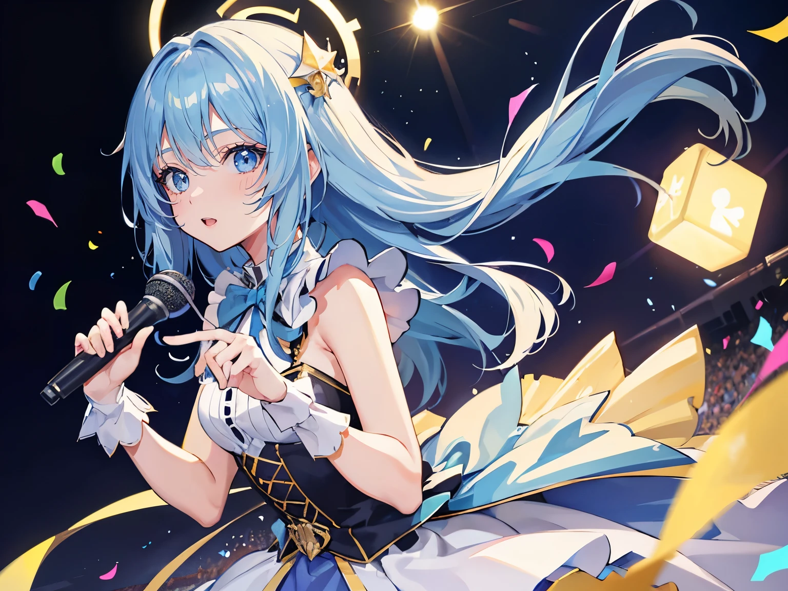 (muste piece), (best quality), very detailed, ((1 girl)), solo focus，Low - Angle，dynamic，jump，((happy face))，perfect face, beautiful face, very detailedな顔，(Light blue long hair_blue eyes:1.3)，idol costume，Solo Idol，Ribbon hair ornament，concert dome，live，have a microphone，singing，Smiling with mouth wide open，Laser Light，confetti