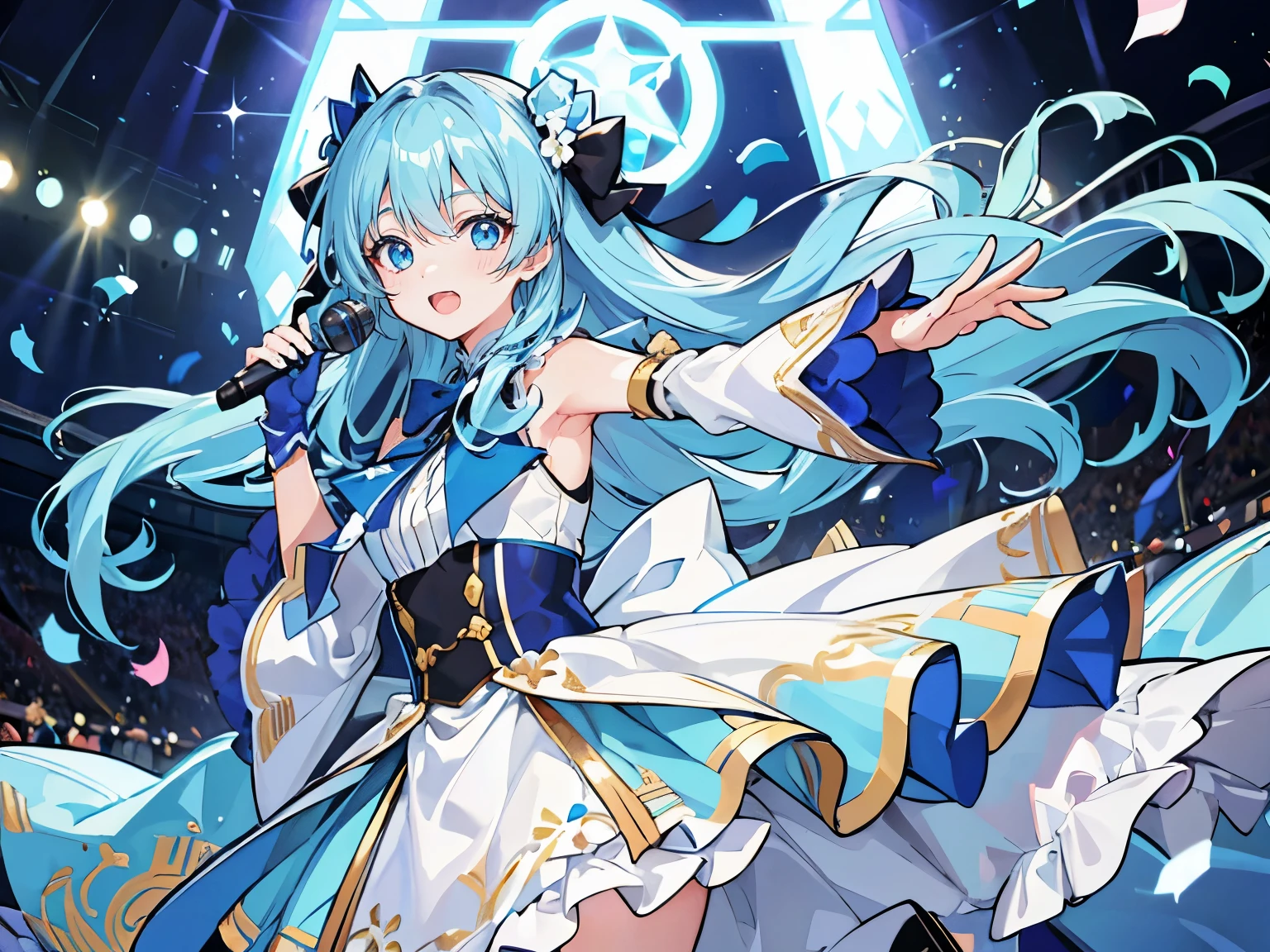(muste piece), (best quality), very detailed, ((1 girl)), solo focus,Low - Angle,dynamic,jump,((happy face)),perfect face, beautiful face, very detailedな顔,(Light blue long hair_blue eyes:1.3),idol costume,Solo Idol,Ribbon hair ornament,concert dome,live,have a microphone,singing,Smiling with mouth wide open,Laser Light,confetti