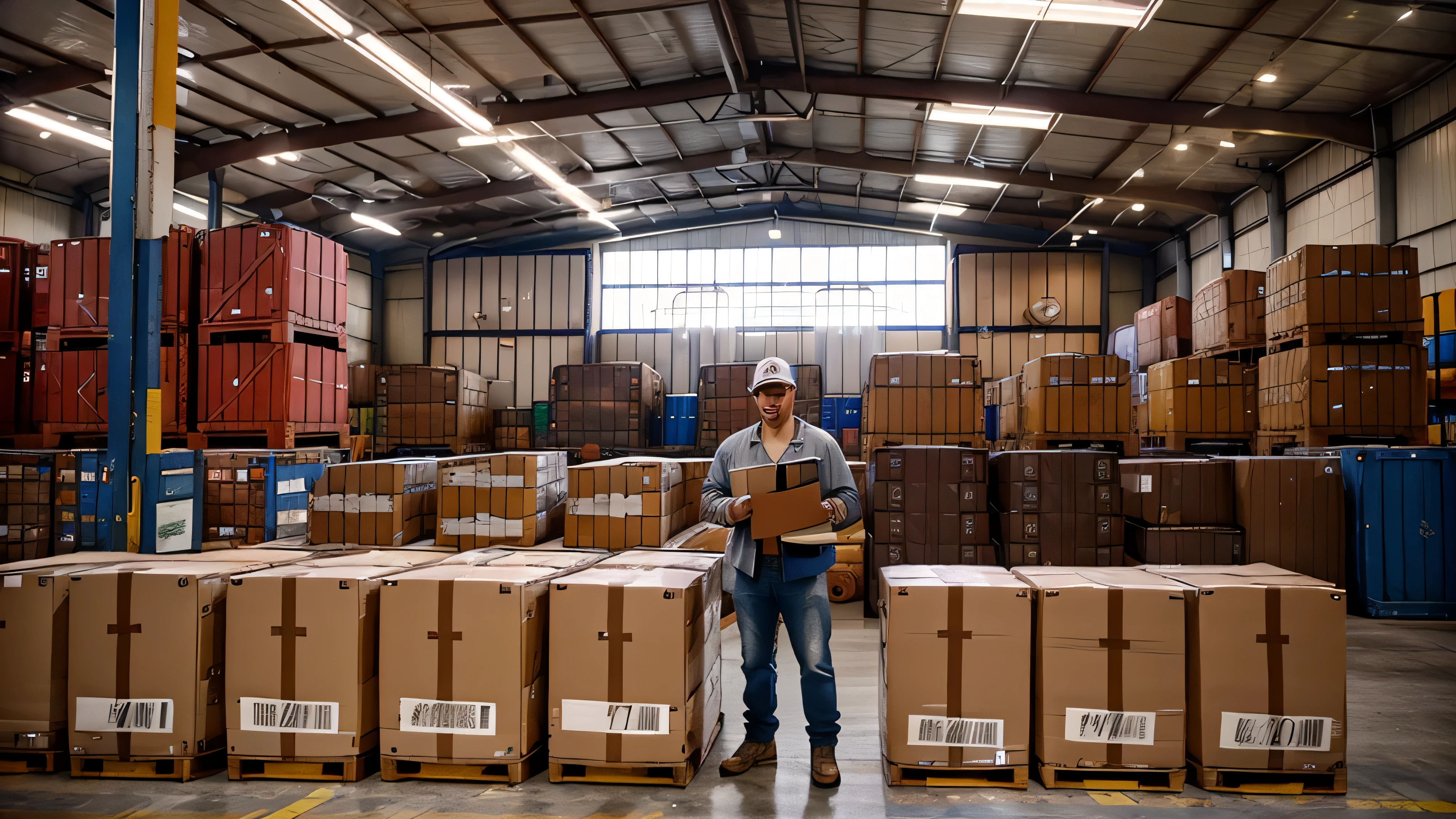 huge airport warehouse, wooden crates wrapped in plastic shipping, overhead lights, rows of stacked commodities wrapped for international shipping. Foreman in front with clipboard calling to speed things up. signs of movements. working to meet deadlines. bustling workers. photo realistic.