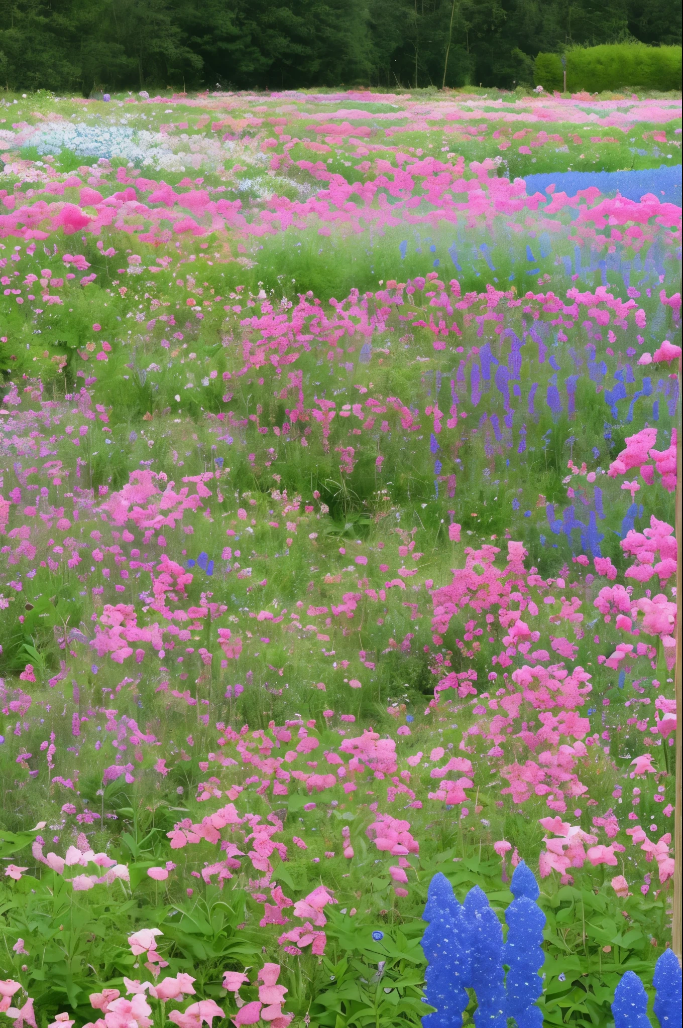 there are many pink flowers that are growing in the field, light pink tonalities, pastel', tall flowers, pinks, blue delphinium, pink flowers, beautiful large flowers, with soft pink colors, huge blossoms, in a cottagecore flower garden, beautiful flowers growing, pastel blues and pinks, tufted softly, soft flowers