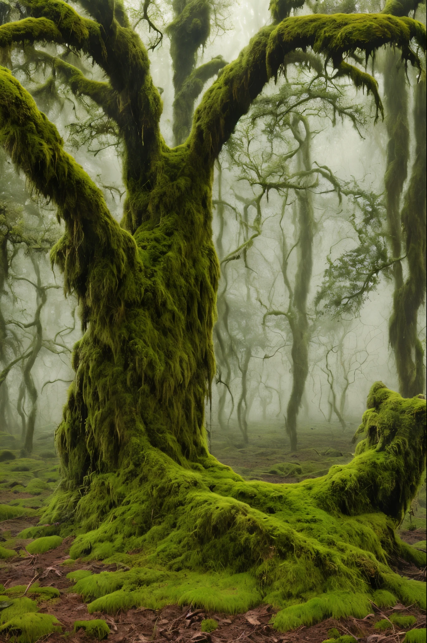 arafed tree trunk in a field with moss and grass, a matte painting by Jonathan Solter, flickr, land art, in a foggy mossy forest, moss covered, overgrown with moss, mossy, covered in moss, beautiful ancient forest, ancient forest like fanal forest, moss landscape, mossy overgrowth, moss and vegetation