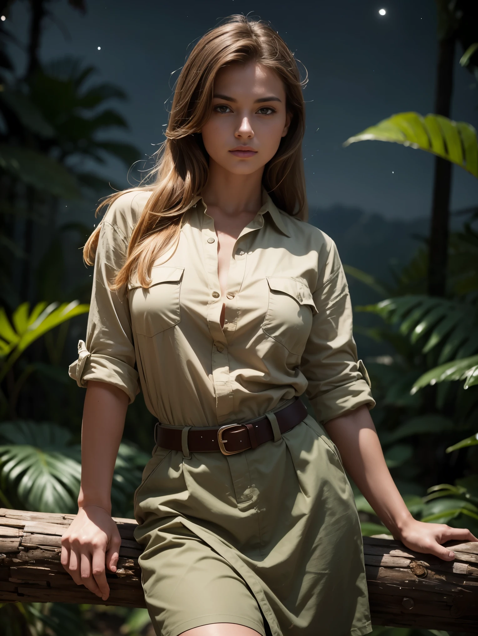 Wide angle. Masterpiece, Uhd, An adventuress from the '40s.cotton sand-colored shirt, Khaki cotton army long skirt, leather belt, army boots. She’s in a frozen jungle, ((at night)). Perfect ???????, perfect hair, perfect breast, perfect body, perfect hands, perfect face, perfect eyes, accurate, anatomically correct, perfect clear and crisp focus, UHD, masterpiece,