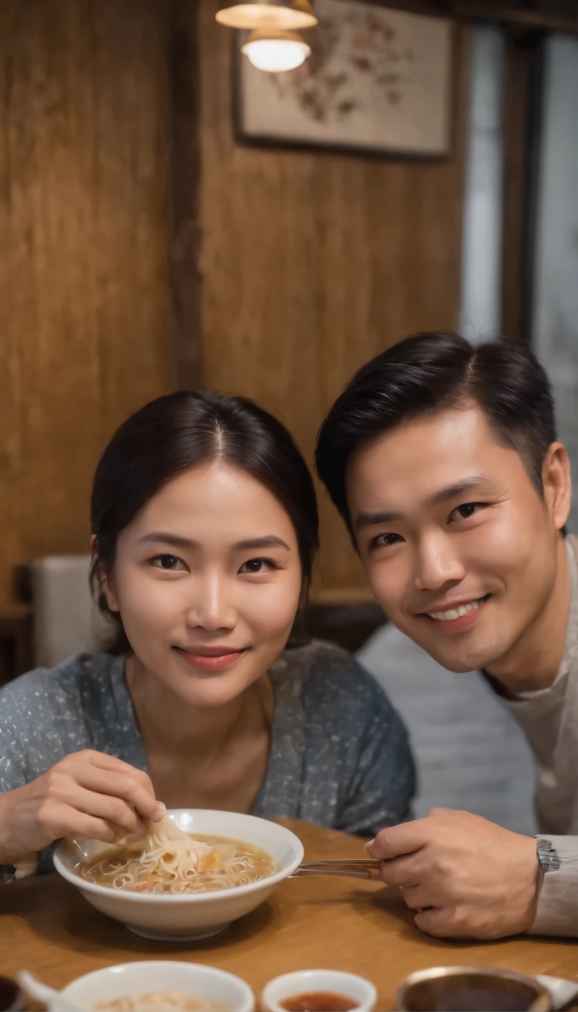 A 35-year-old Indonesian married couple enjoys ramen at a local restaurant in Tokyo, with satisfied expressions on their faces. The husband slurps his ramen with gusto, while the wife smiles while looking at the camera.