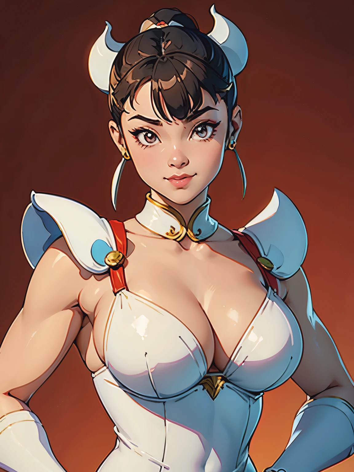 O rosto de Chun-Li Orelhas de gato Roupas de porcelana vermelha Sentado e sorridente Estilo anime