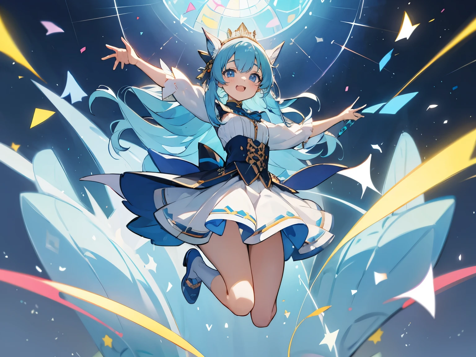 (muste piece), (best quality), very detailed, ((1 girl)), solo full body shot，dynamic，jump，((happy face))，perfect face, beautiful face, very detailedな顔，(Light blue long hair_blue eyes:1.3)，idol costume，Solo Idol，Ribbon hair ornament，concert dome，live，have a microphone，singing，Smiling with mouth wide open，Laser Light，confetti