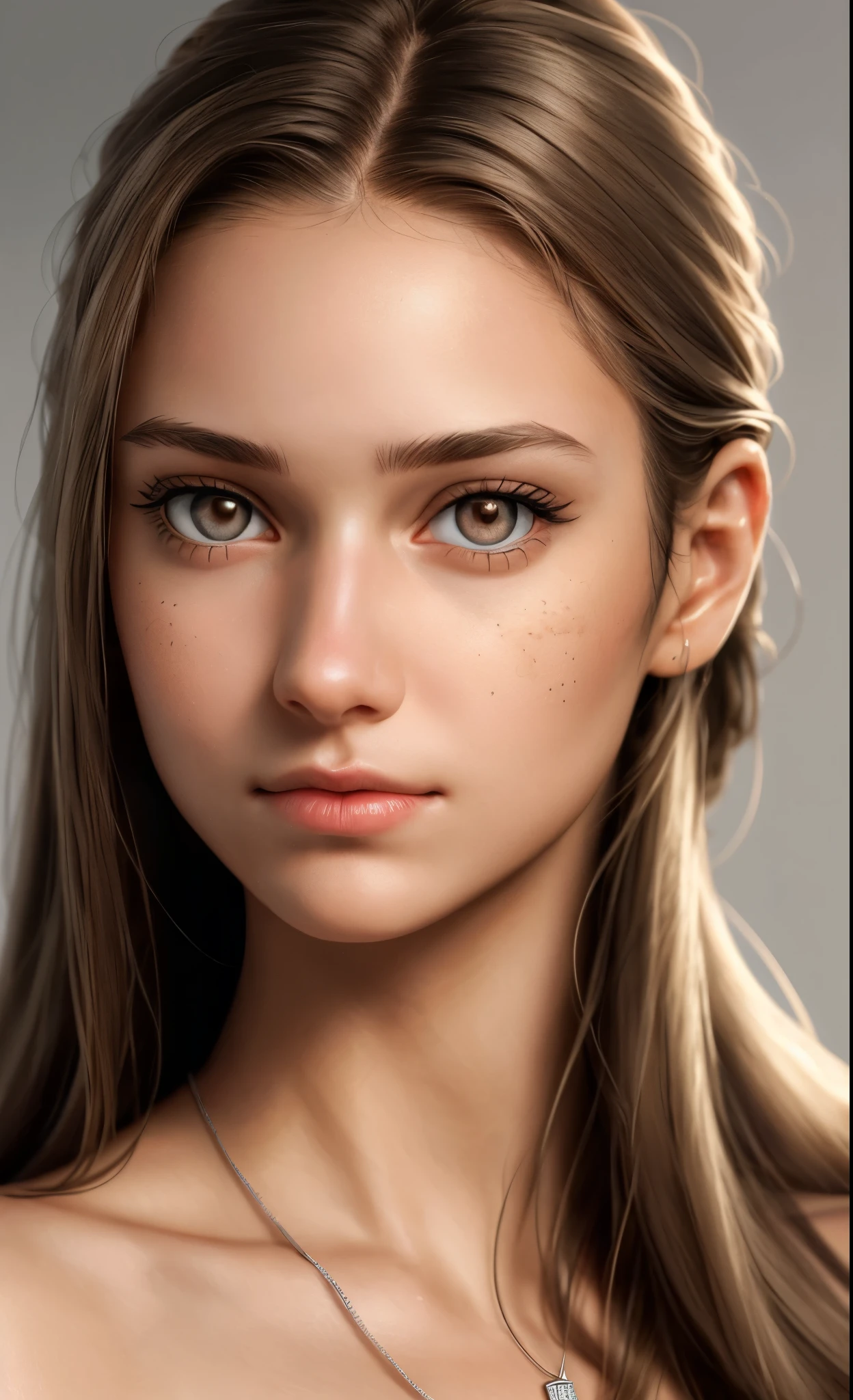 photorealistic close-up image of the face of a 23-year-old girl.With brown eyes and brown hair.
Hair loose and slightly wavy.
Calm face, A thoughtful expression.
Clean skin, without visible defects.
breasts of the 3rd size.neutral, blurred background, so as not to distract attention from the face.The girl is wearing a thin silver chain with a pendant.
light makeup, emphasis on eyelashes.
Natural lips.style: realism.
Lighting: Soft, scattered.
Quality: High.
permission: 4K.A girl should look real, without unnatural effects and photoshop.
skin textures, hair and details should be as realistic as possible.
The focus should be on the girl's eyes.
