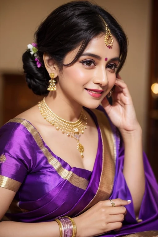 arafed woman in a purple sari talking on a cell phone, traditional beauty, draped in purple and gold silk, draped in silky purple and gold, with lovely look, indian goddess, with an elegant smile, with a seductive smile, with beautiful colors, captivating and enticing, inspired by T. K. Padmini, indian style, in rich color, candid picture
