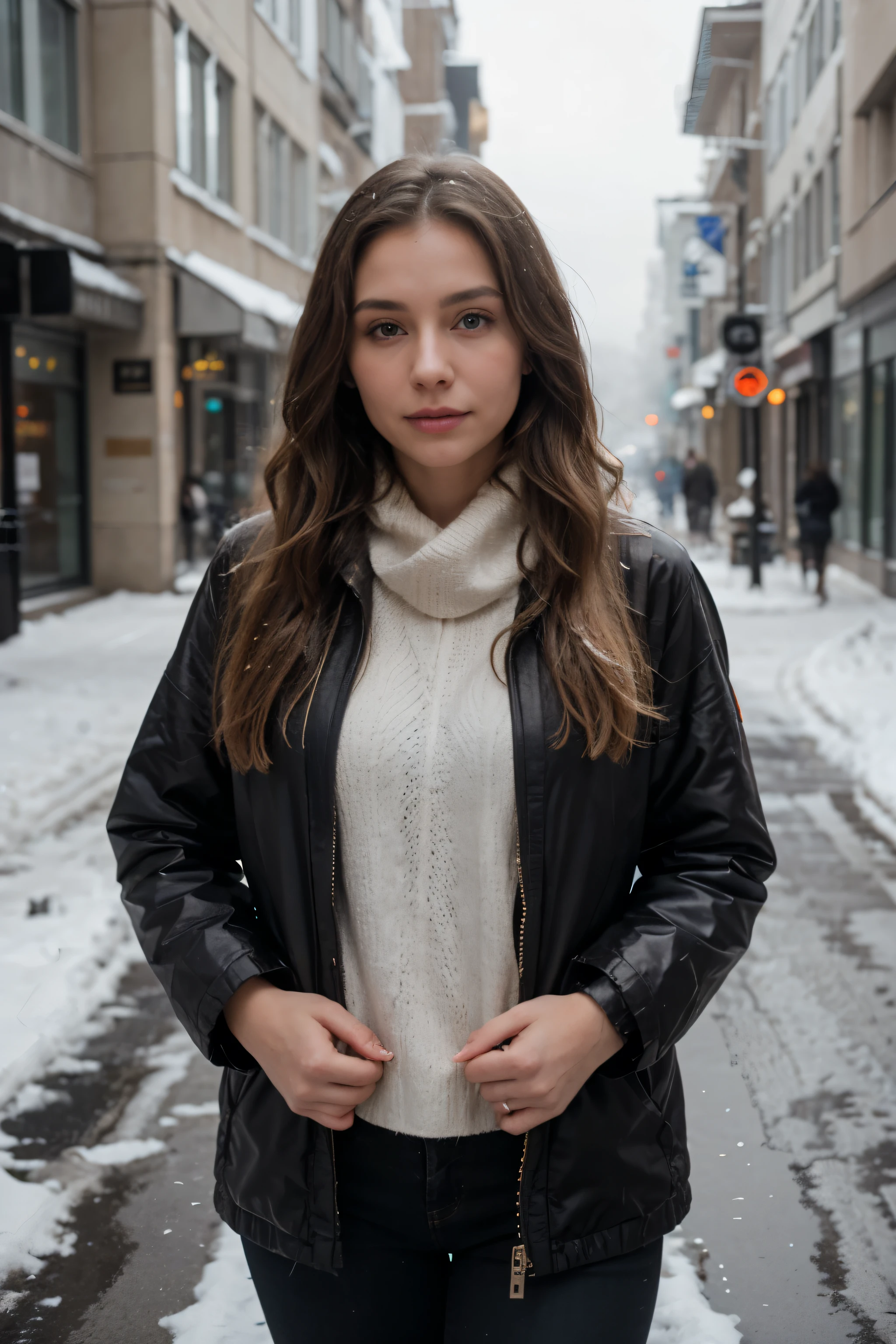 fotografia de retrato profissional de uma linda norueguesa em roupas de inverno com longos cabelos loiros ondulados, olhar sensual de paquera, beautiful symmetrical face, maquiagem natural bonito, wearing elegante warm winter fashion clothing, ((Do lado de fora na rua nevada da cidade)), deslumbrante ambiente urbano moderno, ultra realista, arte conceitual, elegante, altamente detalhado, Intricado, sharp focus, profundidade de campo, f/1. 8, 85mm, medium shot, tiro no meio, (((professional color grading))), luz difusa suave e brilhante, (volumetric fog), trend on instagram, hd 4k, 8k