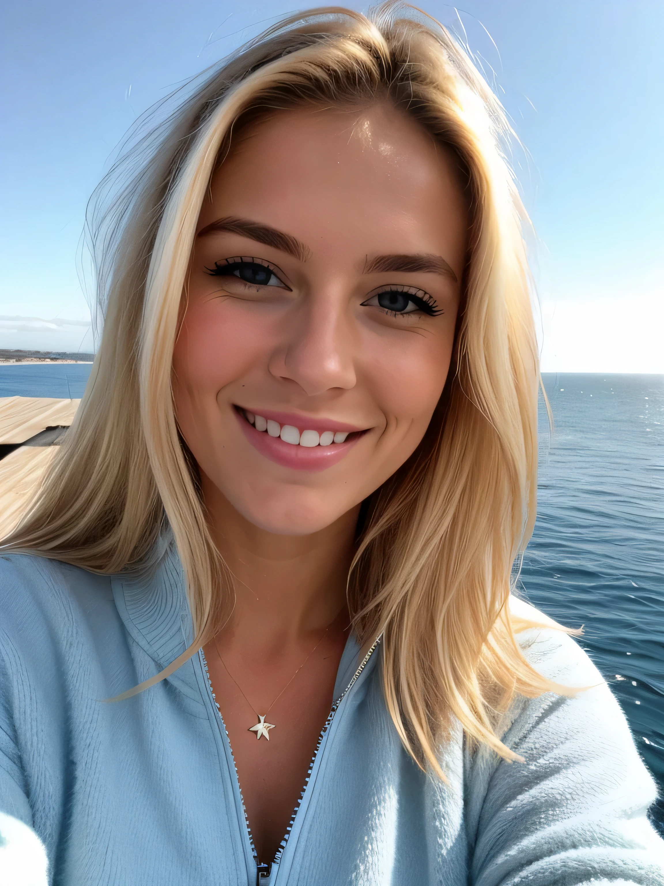 une femme blonde souriante de 23 ans fait un selfie en plein air au bord de la mer, Très beau temps, on voit la mer en arrière-plan, la mer couvre tout le fond, grand ciel bleu ensoleillé, Photoréalisme, Cheveux blonds with the racines châtain clair, cheveux blond, Cheveux avec des racines brunes, yeux bleus, belle femme, vue de face, un blouson d'hiver bleu, Haute qualité, selfie