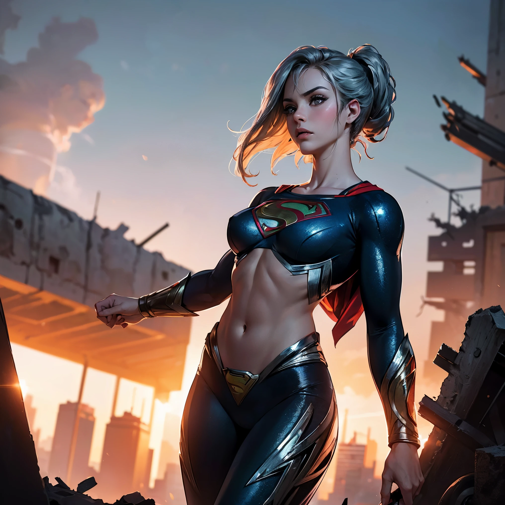 1girl, solo, action shots of female, blonde hair in a ponytail, ((wearing a skimpy revealing black and silver version of the evil superman suit man of steel)), small breats, boob window, (explosions in the background a city in ruins), Style-BladeRunner2049-8v Intricate, High Detail, Sharp focus, dramatic,