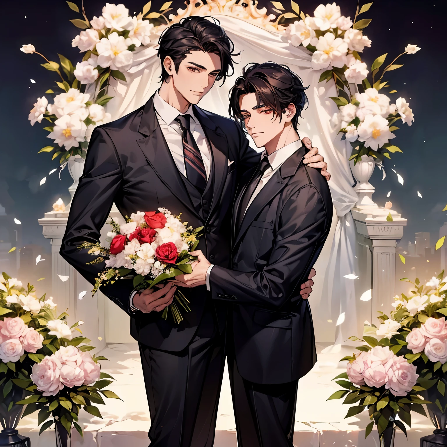 ((highest quality)), ((masterpiece)), (be familiar with), perfect face,masterpiece, highest quality, outdoor, noon, flower shop, 1 person, mature men, 30 years old, black hair, red eyes, Raked hair, narrow eyes,Allback hair, good looking, masculine, kind, expensive, Calm, suit,Beautiful in every detail,solo