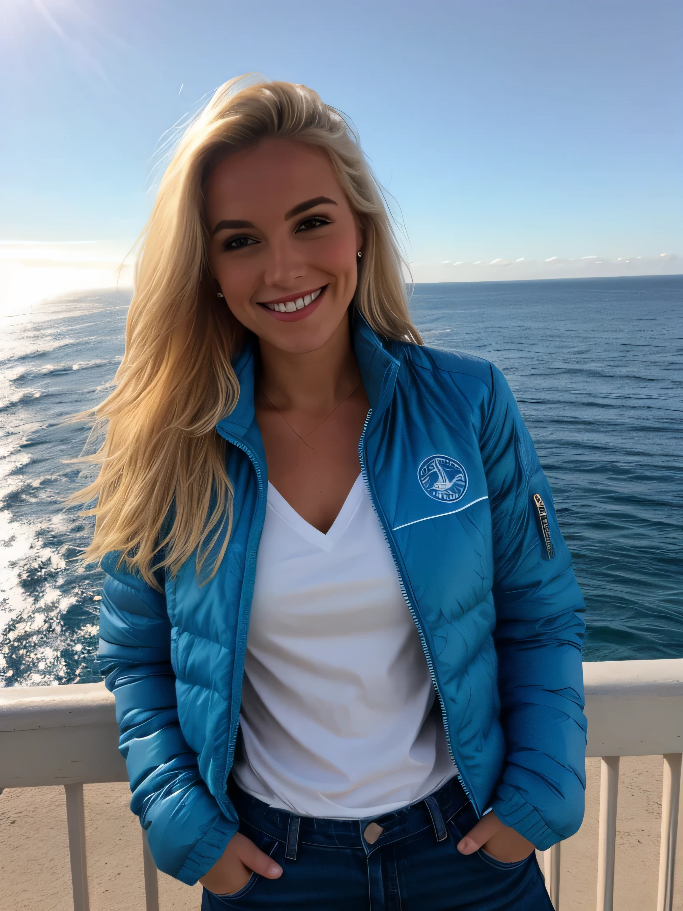 une femme blonde souriante de 23 ans fait un selfie en plein air au bord de la mer, Très beau temps, on voit la mer en arrière-plan, la mer couvre tout le fond, grand ciel bleu ensoleillé, Photoréalisme, Cheveux blonds with the racines châtain clair, cheveux blond, Cheveux avec des racines brunes, yeux bleus, belle femme, vue de face, un blouson d'hiver bleu, Haute qualité, selfie