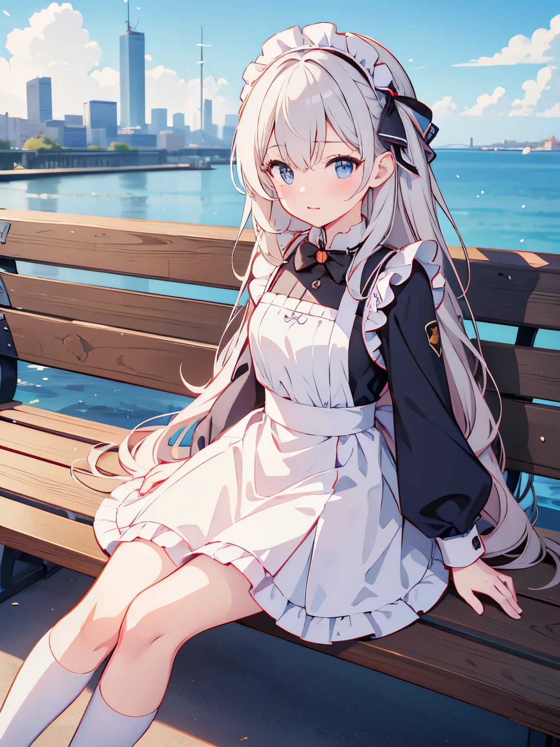 Anime girl in maid clothes sitting on bench with city background, Best Anime 4K Kona-chan Wallpaper, small details. girls frontline, rorish, from girls frontline, From the Azur Lane video game, Nightcore, azur lane style, Cute anime wife in a nice dress, perfect white haired girl, seductive anime girl, Smooth anime CG art