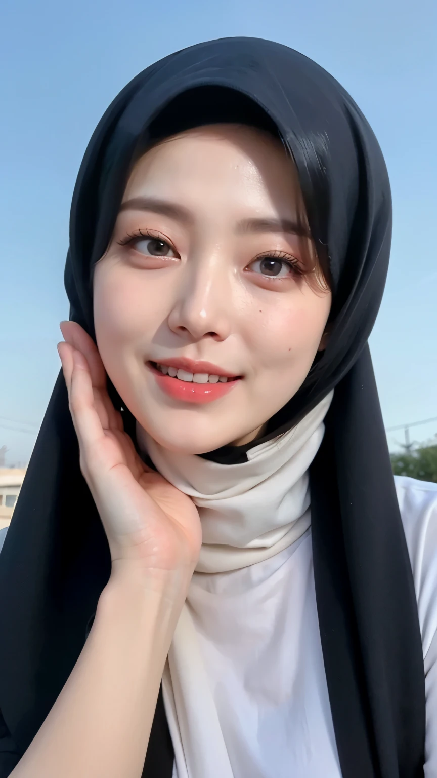 ((Best quality, 8k, Masterpiece :1.37)), (wear hijab girls), girls wear hijab, (girls wearing hijab moslem), beautiful face, face bukkake, 18 years old girls, hair black, ultra detailed face, ultra detailed body, slim body, body sexy, erotic body, lips smile, Beautiful detailed eyes, eyes korean, detailed nose, Natural Lip, ((Lips Smile)), face smile, Wear hijab moslem, fancy jubba thobbe, (photo full body), photo taken from below, view of the blue sky, Slim Body, body Sexy, erotic body, small breasts, realistic face, backround people hijab