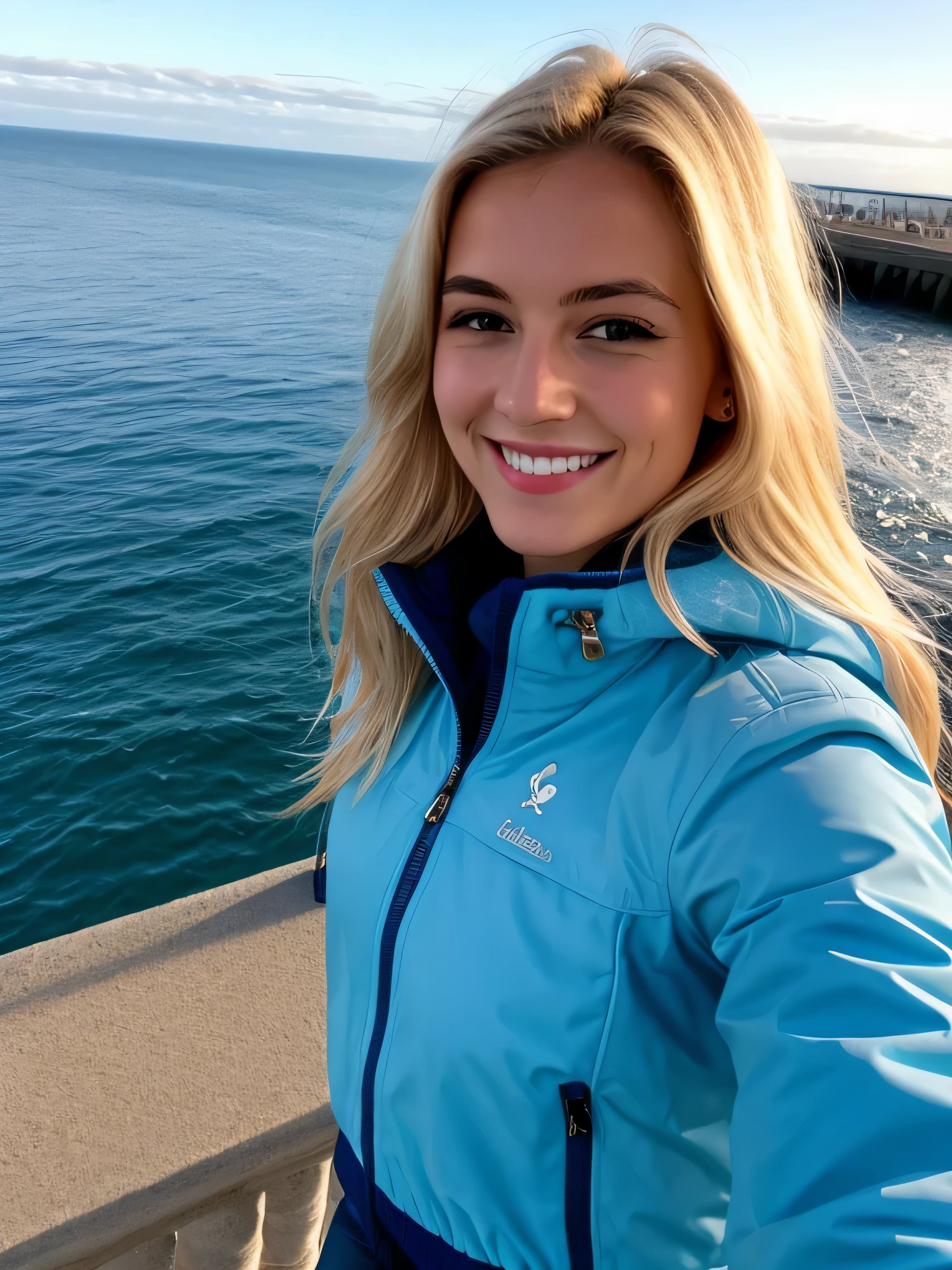 une femme blonde souriante de 23 ans fait un selfie en plein air au bord de la mer, Très beau temps, on voit la mer en arrière-plan, la mer couvre tout le fond, grand ciel bleu ensoleillé, Photoréalisme, Cheveux blonds with the racines châtain clair, cheveux blond, Cheveux avec des racines brunes, yeux bleus, belle femme, vue de face, un blouson d'hiver bleu, Haute qualité, selfie