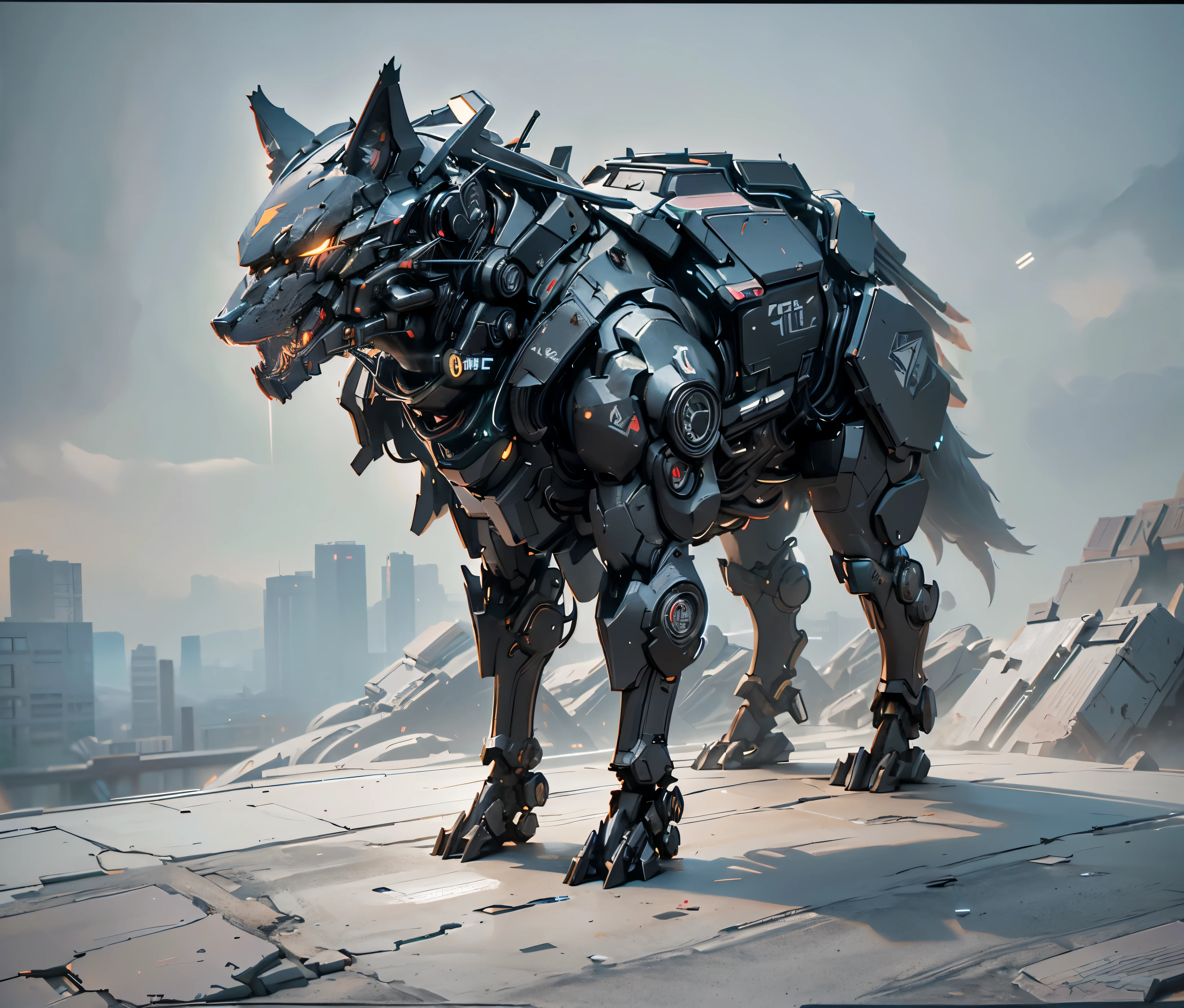 cyberpunk, Mechanical wolf，glowing neon lights, ( global illumination, Ray tracing, human development report, Unreal rendering,Reasonable design, high detail, masterpiece, best quality, ultra high definition, Beijing_Zagu_Mecha