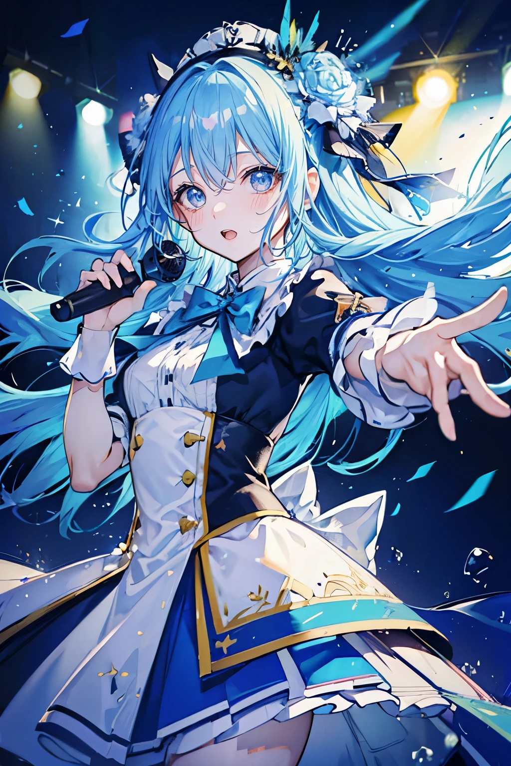 (muste piece), (best quality), very detailed, ((1 girl)), solo focus,Low - Angle,dynamic,jump,((happy face)),perfect face, beautiful face, very detailedな顔,(Light blue long hair_blue eyes:1.3),idol costume,Solo Idol,Ribbon hair ornament,concert dome,live,have a microphone,singing,Smiling with mouth wide open,Laser Light,confetti