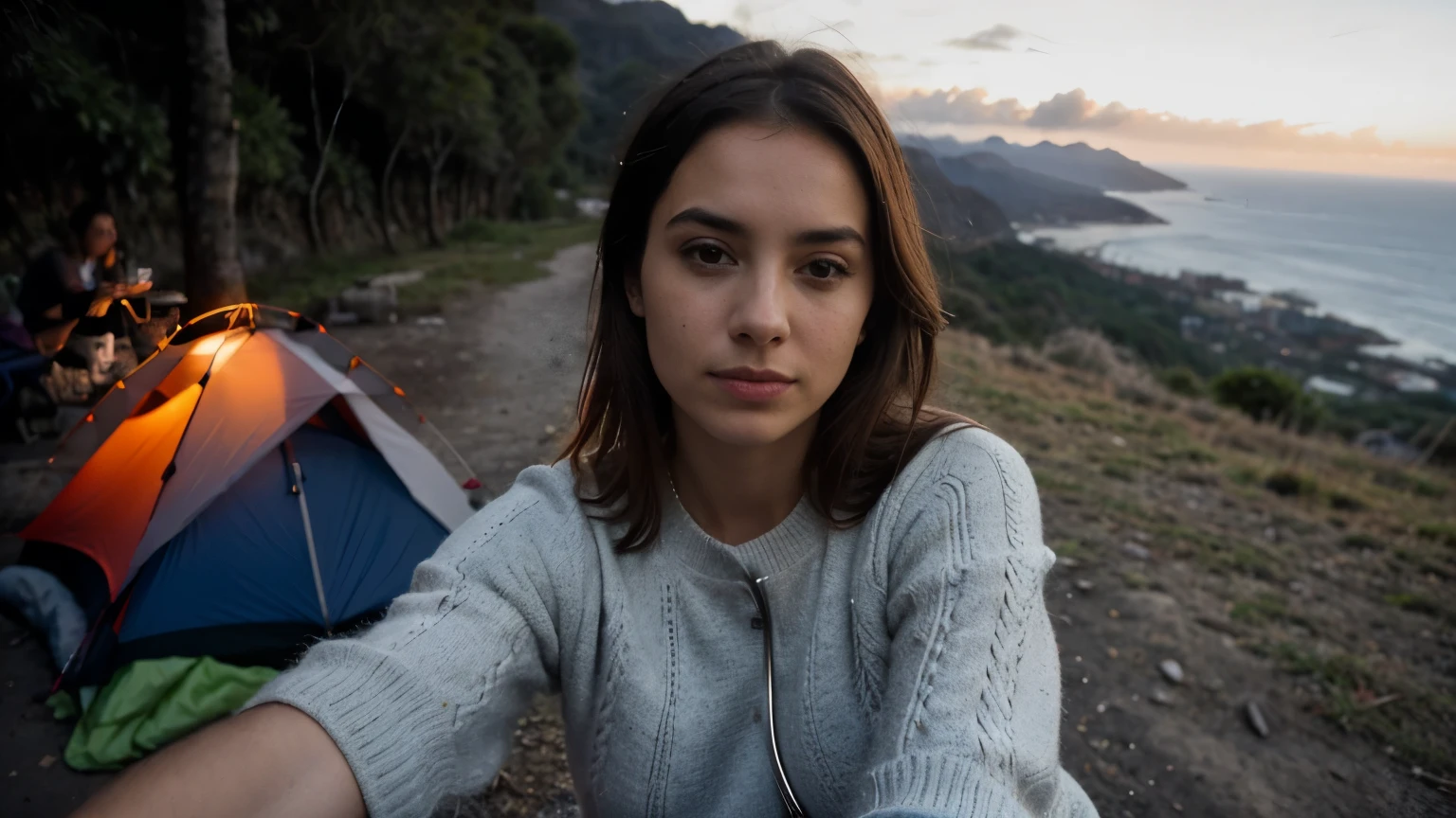 Ana de Armas ((selfie da parte superior do Rio de Janeiror do corpo, Feliz)), obra-prima, melhor qualidade, ultradetalhado, sozinho, ao ar livre, (noite), montanhas, Natureza, (estrelas, ..lua) Alegre, Feliz, mochila, Saco de dormir, camping stove, bottled water, botas de montanha, Luvas, pullover, kalap, lanterna, floresta, pedras, Rio de Janeiro, madeira, smoke billowing, Sombras, contraste, clear sky, analogue style (matiz quente, tom quente): 1.2), Close-up, cinematiclight, side-lighting, Ultra high resolution, melhor sombra, .RAW, parte supeRio de Janeiror do corpo, Wearing Pullover Kodak Vision 3,