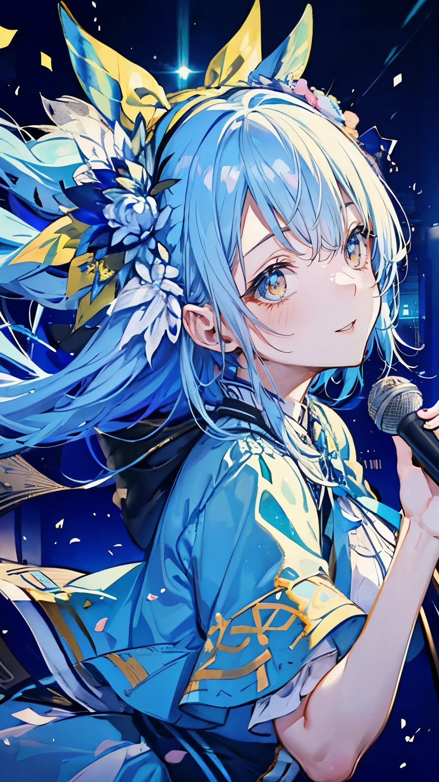 (muste piece), (best quality), very detailed, ((1 girl)), solo focus,Low - Angle,dynamic,jump,((happy face)),perfect face, beautiful face, very detailedな顔,(Light blue long hair_blue eyes:1.3),idol costume,Solo Idol,Ribbon hair ornament,concert dome,live,have a microphone,singing,Smiling with mouth wide open,Laser Light,confetti