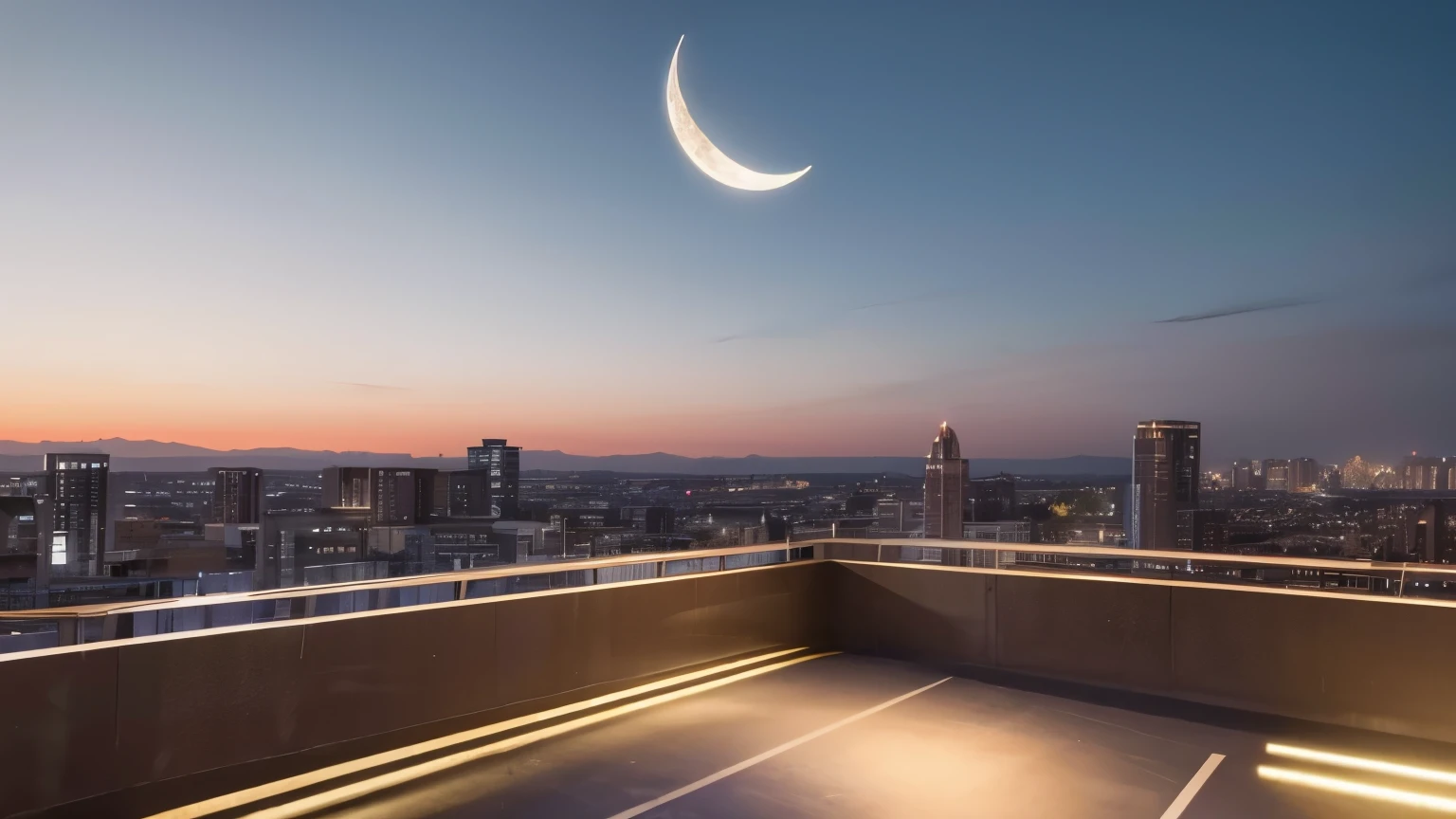 (best quality, 4k resolution, high resolution:1.2), deserted rooftop of a city building, spacious rooftop, the overall appearance of the rooftop, large enough for concerts, background painting, emergency staircase, handrails, elevated location, full shot, crescent moon in the sky, urban vibe, rooftop of a high-rise building, strong winds, mysterious atmosphere.