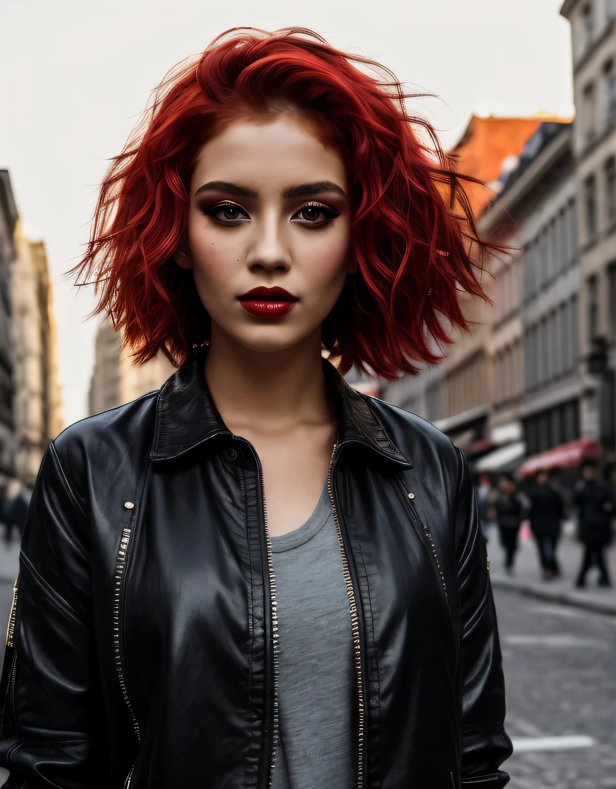 beautiful girl, full body portrait, short bright red disheveled hair, black eyeshadow, (street style wear:1.2), (city background:1.2), dark makeup, digital art, trending on artstation, highly detailed, fine detail, intricate,  beautiful detailed glow, detailed, Cinematic light, highres, detailed facial features,sharp focus, smooth, aesthetic,