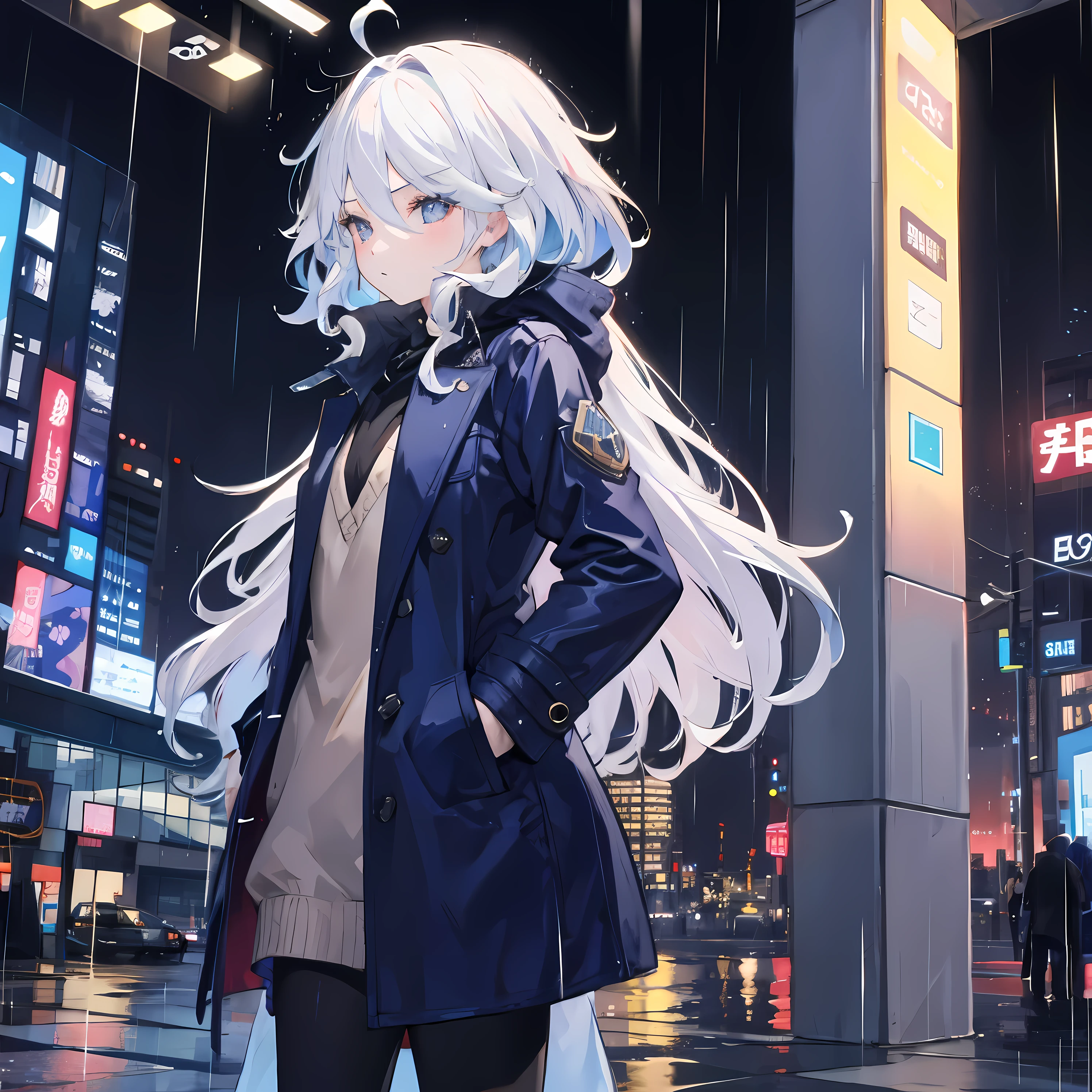 1girl,night city,rain,coat,hands in pockets