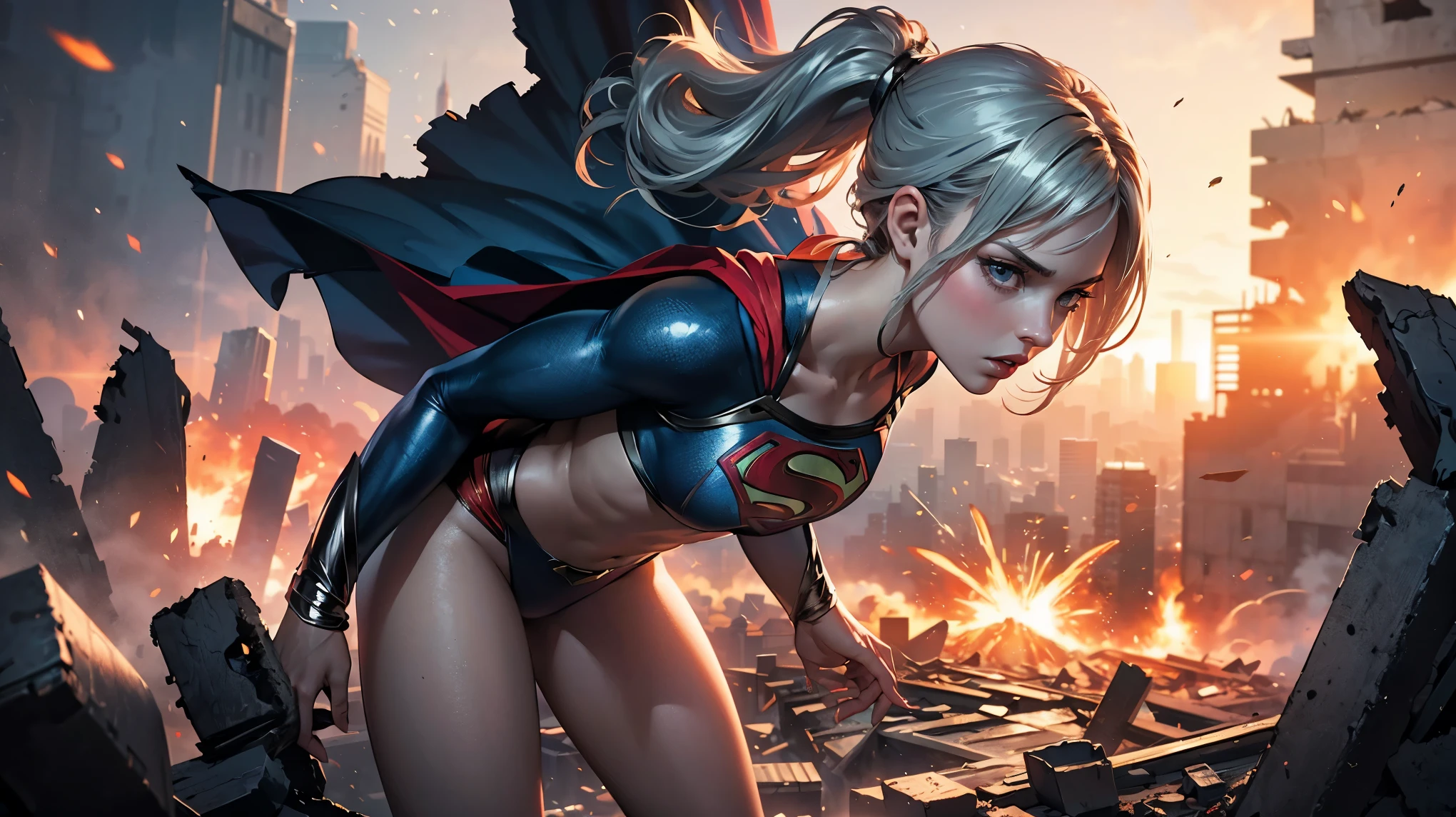 1girl, solo, action shots of female, blonde hair in a ponytail, ((wearing a skimpy revealing black and silver version of the evil superman suit man of steel)), small breats, boob window, (explosions in the background a city in ruins), Style-BladeRunner2049-8v Intricate, High Detail, Sharp focus, dramatic,