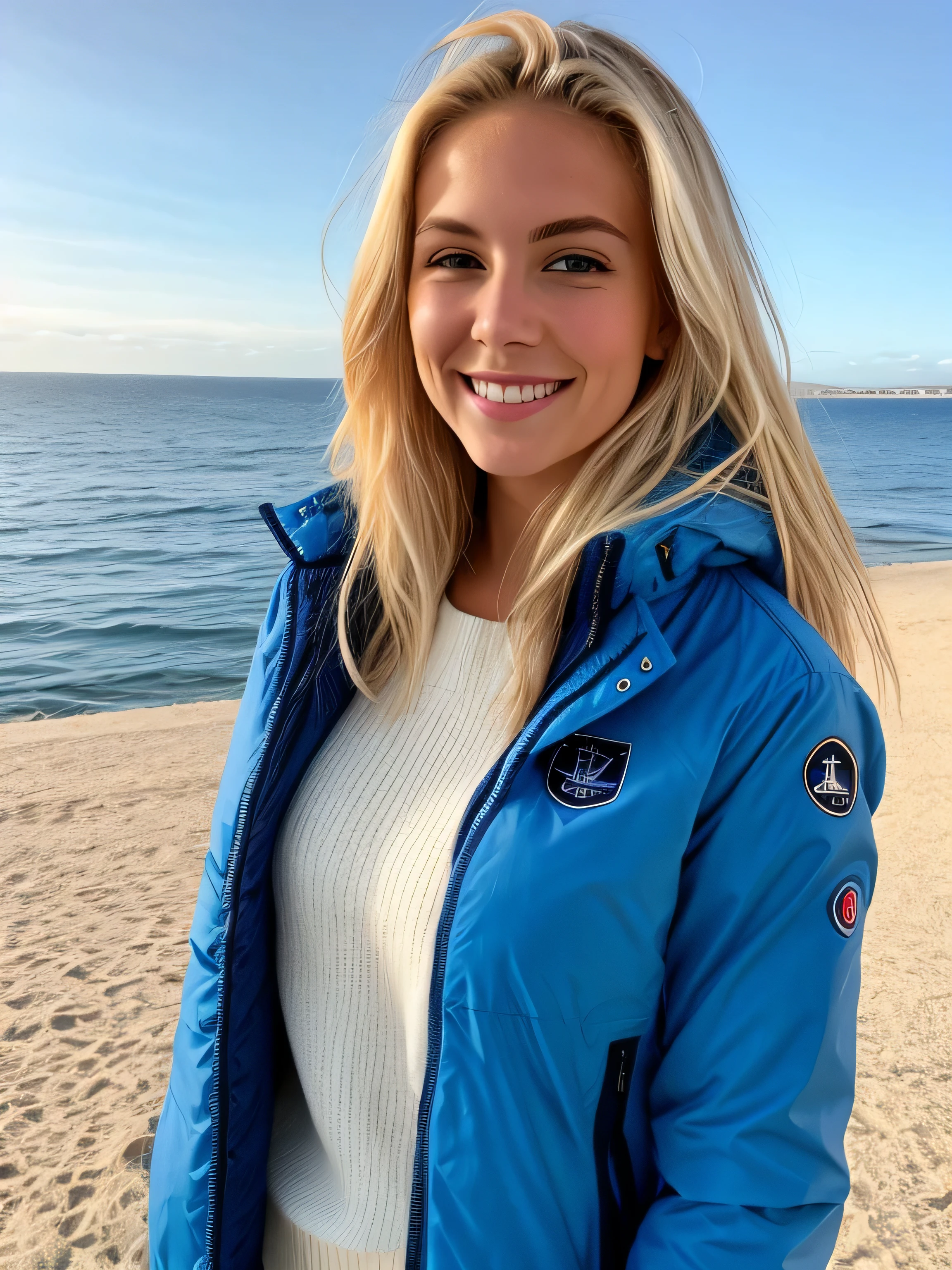 une femme blonde souriante de 23 ans fait un selfie en plein air au bord de la mer, Very nice weather, his face is very well lit by the light, the light comes from behind the camera, we see the sea in the background, la mer couvre tout le fond, big sunny blue sky, Photorealism, Blonde Hair with Light Brown Roots, cheveux blond, Cheveux avec des racines brunes, yeux bleus, belle femme, vue de face, un blouson d'hiver bleu, high quality, selfie