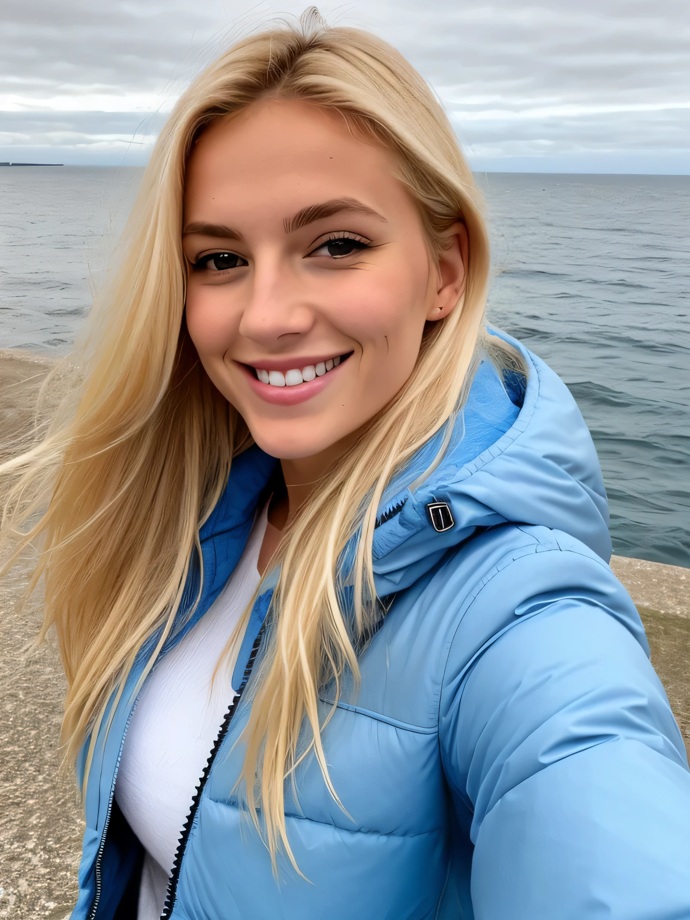 une femme blonde souriante de 23 ans fait un selfie en plein air au bord de la mer, Very nice weather, his face is very well lit by the light, the light comes from behind the camera, we see the sea in the background, la mer couvre tout le fond, big sunny blue sky, Photorealism, Blonde Hair with Light Brown Roots, cheveux blond, Cheveux avec des racines brunes, yeux bleus, belle femme, vue de face, un blouson d'hiver bleu, high quality, selfie