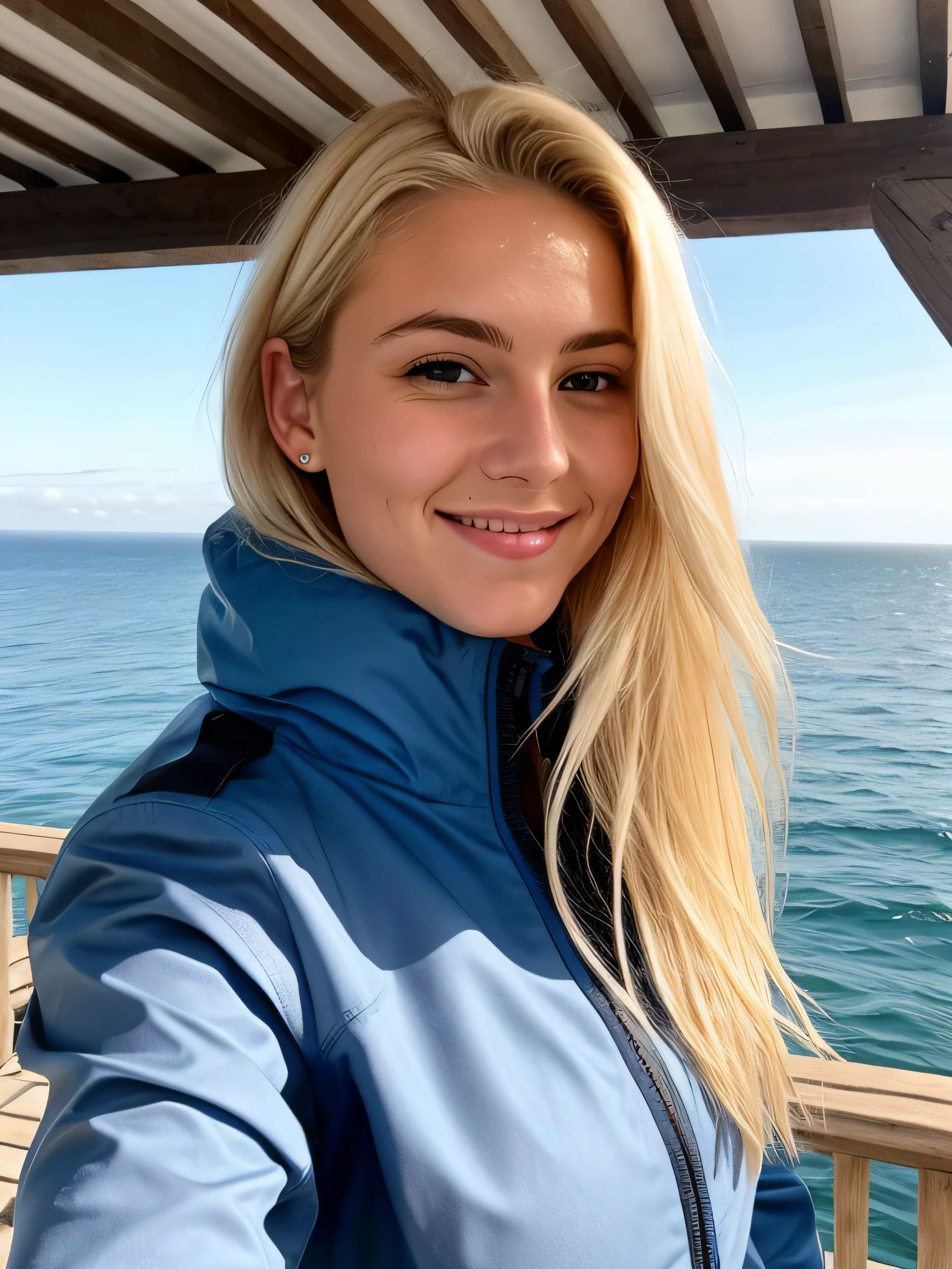 une femme blonde souriante de 23 ans fait un selfie en plein air au bord de la mer, Very nice weather, his face is very well lit by the light, the light comes from behind the camera, we see the sea in the background, la mer couvre tout le fond, big sunny blue sky, Photorealism, Blonde Hair with Light Brown Roots, cheveux blond, Cheveux avec des racines brunes, yeux bleus, belle femme, vue de face, un blouson d'hiver bleu, high quality, selfie