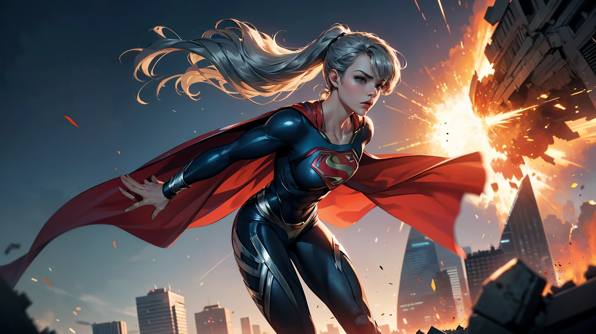 1girl, solo, action shots of female, blonde hair in a ponytail, ((wearing a skimpy revealing black and silver version of the evil superman suit man of steel)), skirt, no pants, skirt blowing in the wind revealing visible vagina,
small breasts, boob window, (explosions in the background a city in ruins), Style-BladeRunner2049-8v Intricate, High Detail, Sharp focus, dramatic,