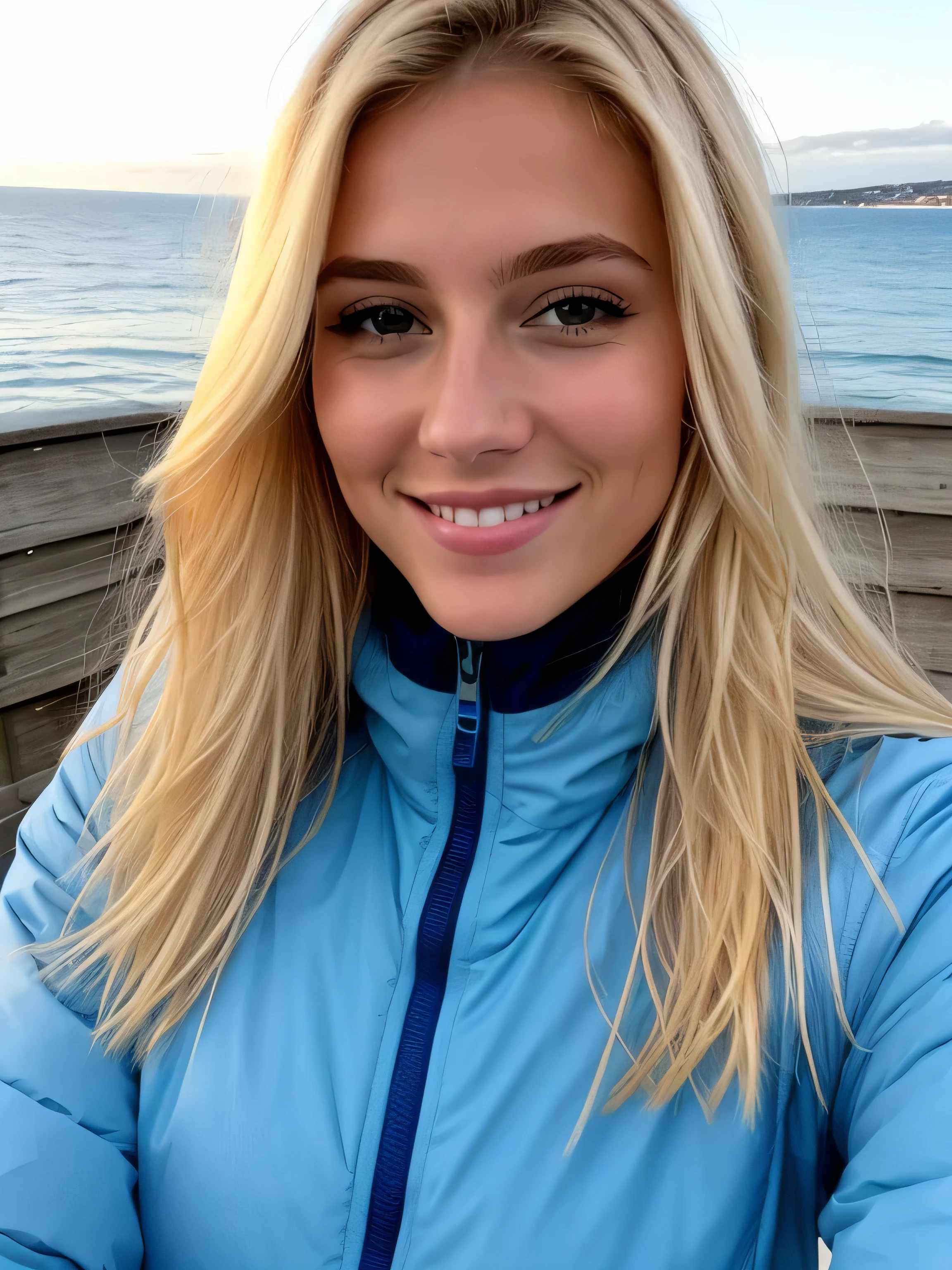 une femme blonde souriante de 23 ans fait un selfie en plein air au bord de la mer, Very nice weather, his face is very well lit by the light, the light comes from behind the camera, we see the sea in the background, la mer couvre tout le fond, big sunny blue sky, Photorealism, Blonde Hair with Light Brown Roots, cheveux blond, Cheveux avec des racines brunes, yeux bleus, belle femme, vue de face, un blouson d'hiver bleu, high quality, selfie