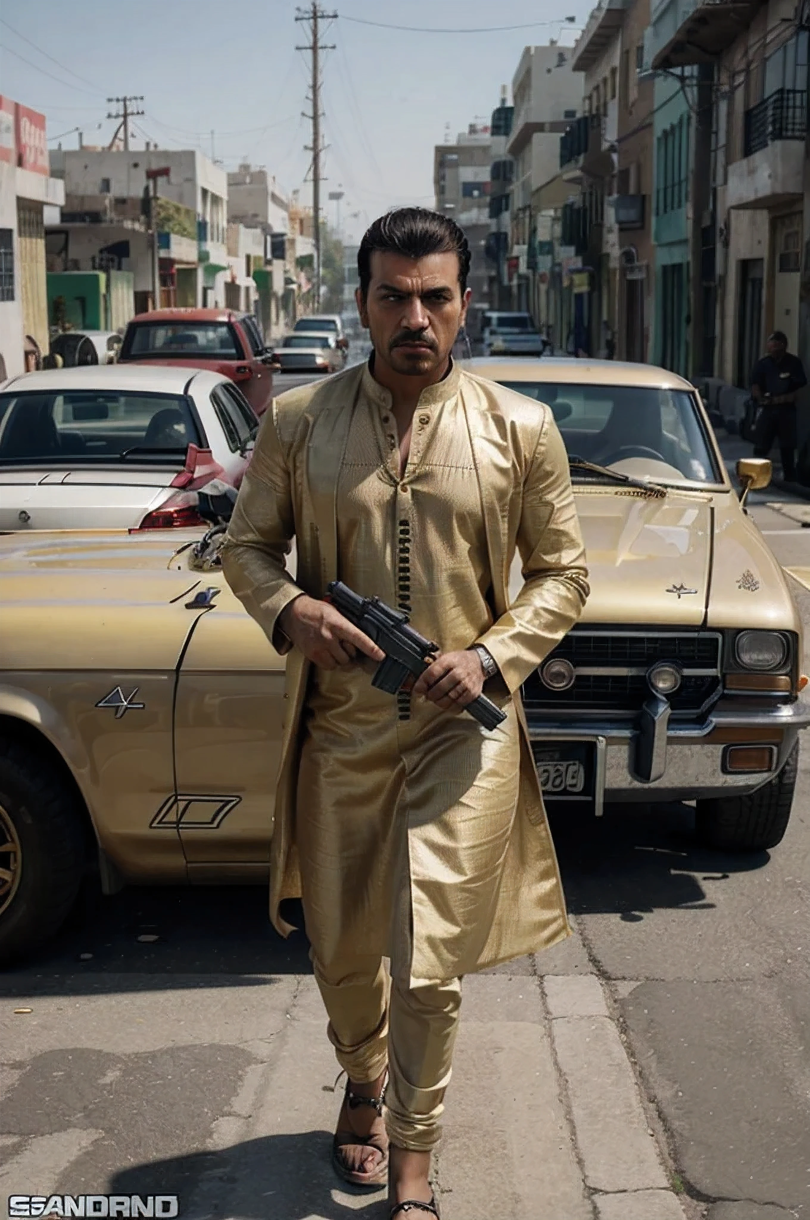 Create an ultra-realistic image of a Mexican gangster in a GTA 5 theme, wearing an Indian kurta of black colour and holding an AK-47, adorned with heavy gold accessories. Surround him with his gang members and their cars, capturing the essence of the GTA 5 environment."