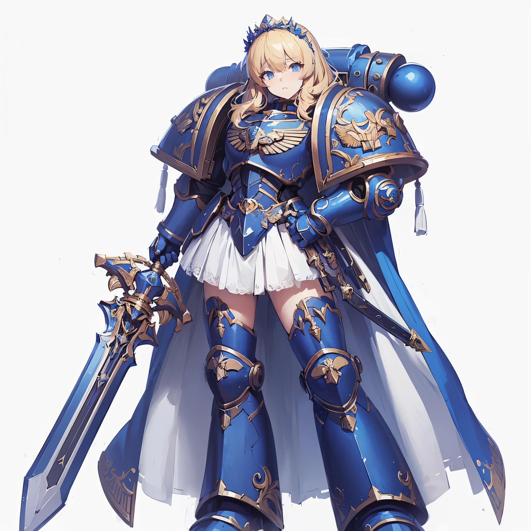 Masterpiece, best quality, ultra-detailed, anime style, solo, full body of space marine girl, ultra blue power armor, blonde hair and laurel crown, held sword, standing on battle ground, Warhammer 40K, 8k high resolution, trending art station, white background, whole body,
