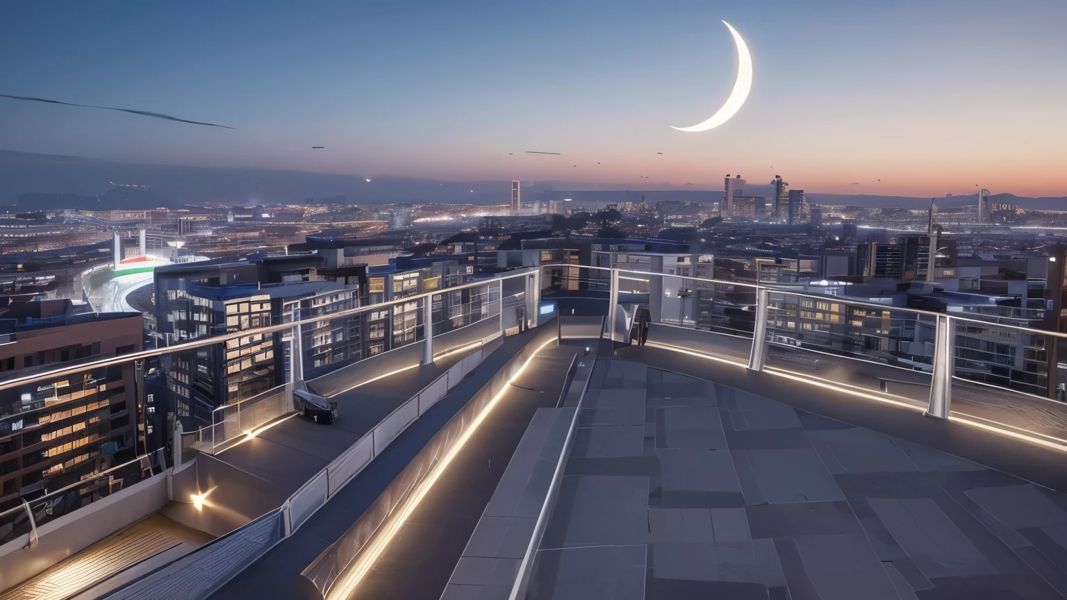 (best quality, 4k resolution, high resolution:1.2), deserted rooftop of a city building, spacious rooftop, the overall appearance of the rooftop, large enough for concerts, background painting, emergency staircase, handrails, elevated location, full shot, crescent moon in the sky, urban vibe, rooftop of a high-rise building, strong winds, mysterious atmosphere.