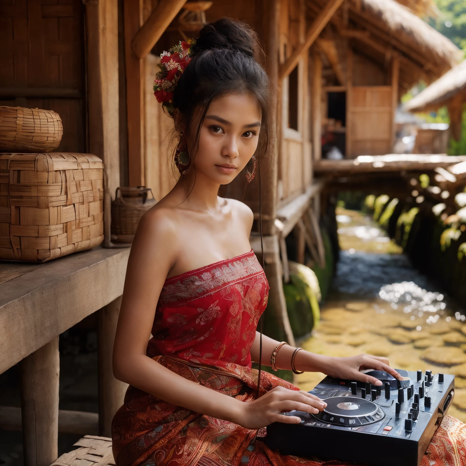 Naturally beautiful Indonesian girl, 18 years old, detailed face, sweet black, moist shiny skin, hair tied in a bun, wearing a red kebaya, big breast, nipples shows transparently, and faded short batik sarong, enjoying remix music in front of the DJ turntable, wearing a headset, sitting barefoot in front of the door the house, the house is made of bamboo, in front of the kitchen flows a small clear river, a naturally clear rocky river. realistic photo. HDR10 8K photo by analog camera Nikon D850 f/16, 35mm, high detailed, wallpaper quality, good anatomy, body, hand & fingers (lora:add_detail:0.8)