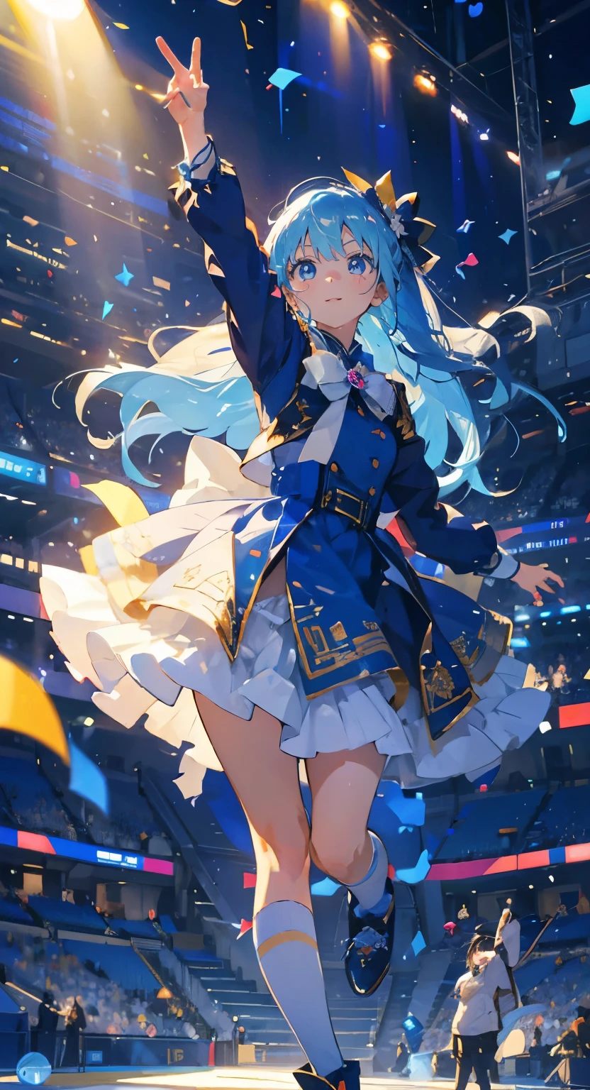 (muste piece), (best quality), very detailed, ((1 girl)), solo full body shot,Low - Angle,dynamic,jump,((happy face)),perfect face, beautiful face, very detailedな顔,(Light blue long hair_blue eyes:1.3),idol costume,Solo Idol,Ribbon hair ornament,concert dome,live,have a microphone,singing,Smiling with mouth wide open,Laser Light,confetti