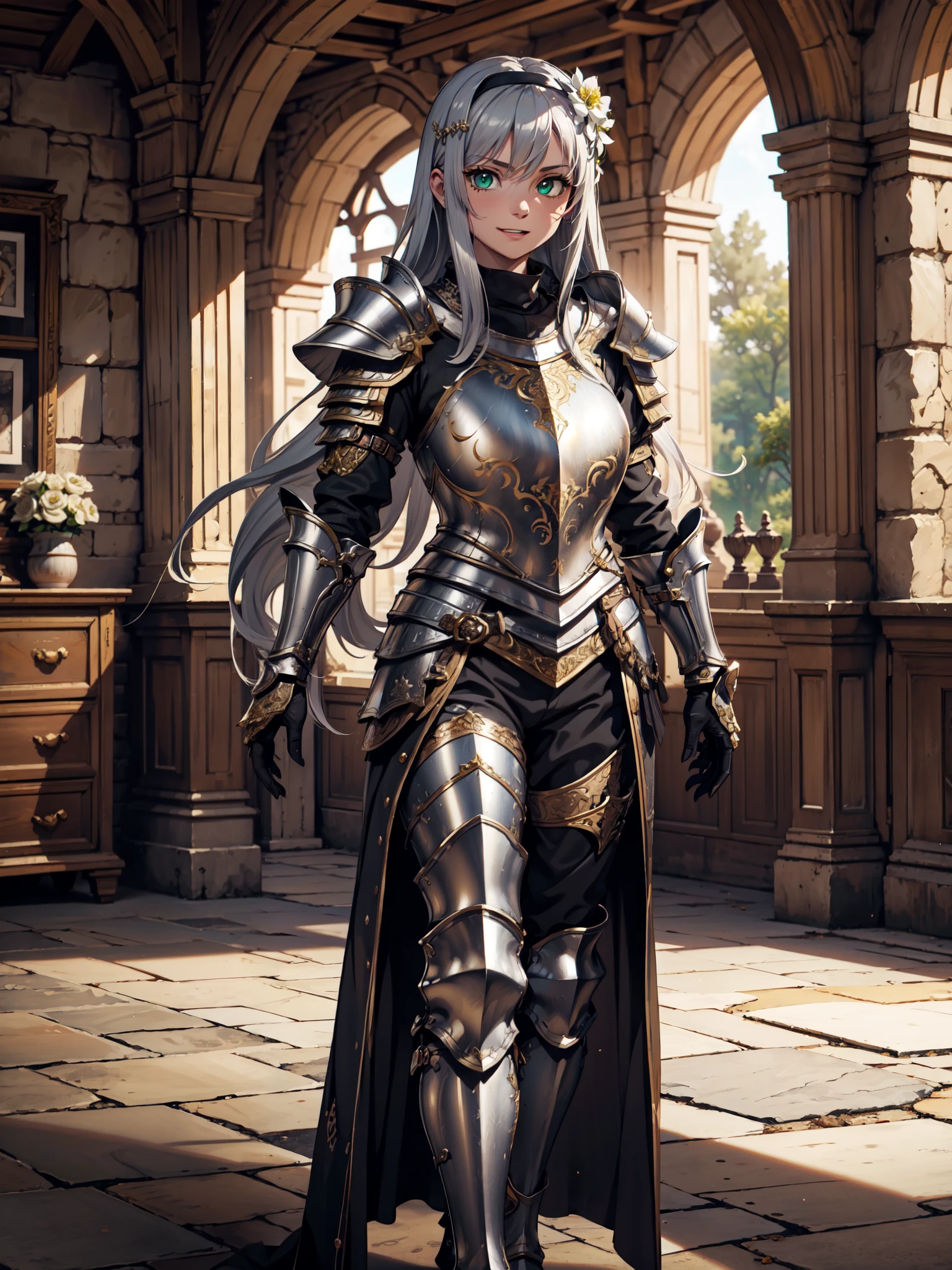 Ultra High Definition, Ultra High Quality, Hyper Definition, Hyper Quality, Hyper Detailed, Extremely Detailed, Perfectly Detailed, 8k, 1 Anime Female, ((Long Silver Hair)), Noble Armor, ((Leg Armor, Armored Pants, Symmetric)), Gloves, Solid Green Eyes, Cheerful Expression, White Flower Barrette, Armored With Full Coverage Noble Plate Armor, Leg Armor, Mansion Room Panoramic Background