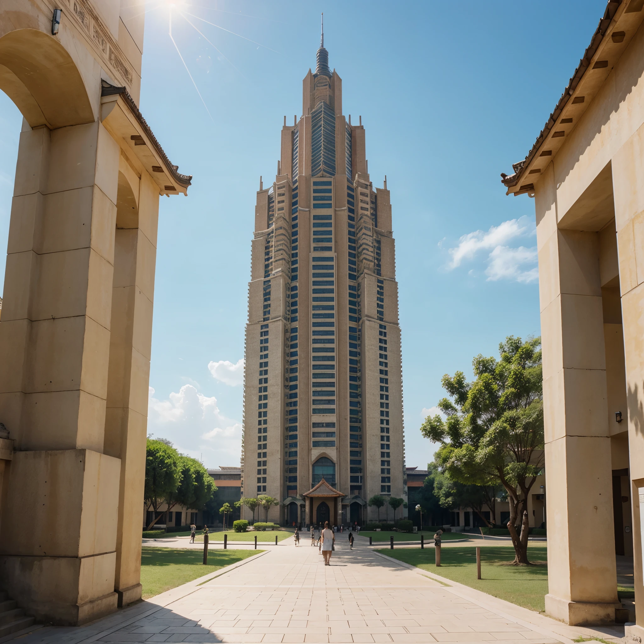 A realistic image of the sheng high tower in a sunny day