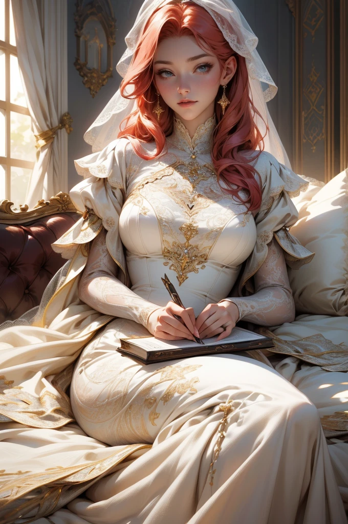 {-erro_de_anatomia:1.0}(best quality,4k,8k,highres,masterpiece:1.2), ultra-detailed, (realistic,photorealistic,photo-realistic:1.37), mature milf, illyasviel von einzbern, redhead hair, full body, vibrant colors, glowing skin, mesmerizing eyes, elegant pose, enchanting background, delicate lace dress, surreal lighting, ethereal atmosphere, mystical aura, intricate details, artistic medium, digital illustration, fantasy, anime, reading, writing, walking, laying down