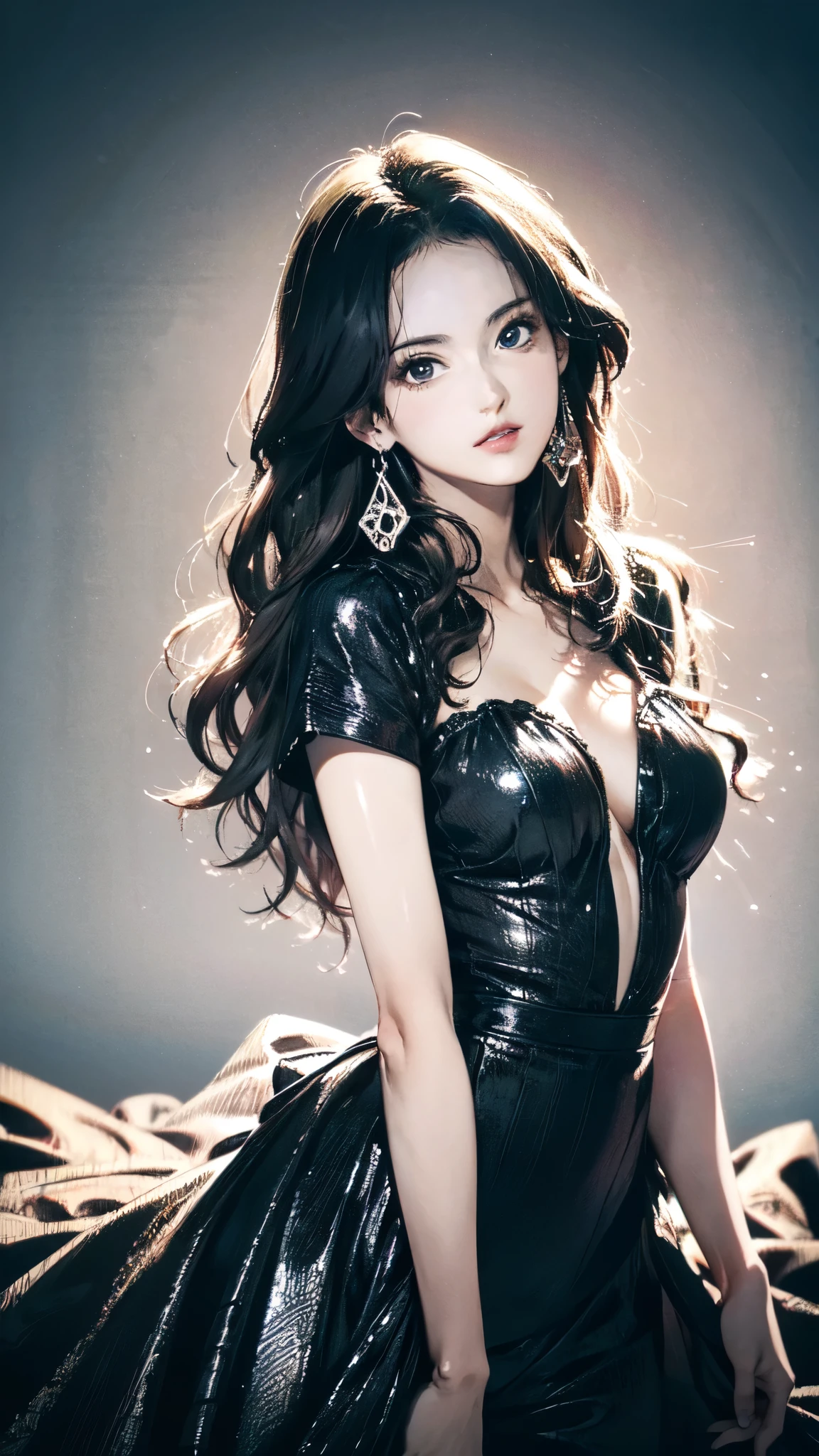 (masterpiece, best quality), ultra high res, illustration, (style of ayami kojima:1.4), 1girl, filigree black gown, wavy hair, dark theme, visually stunning, beautiful, intricate