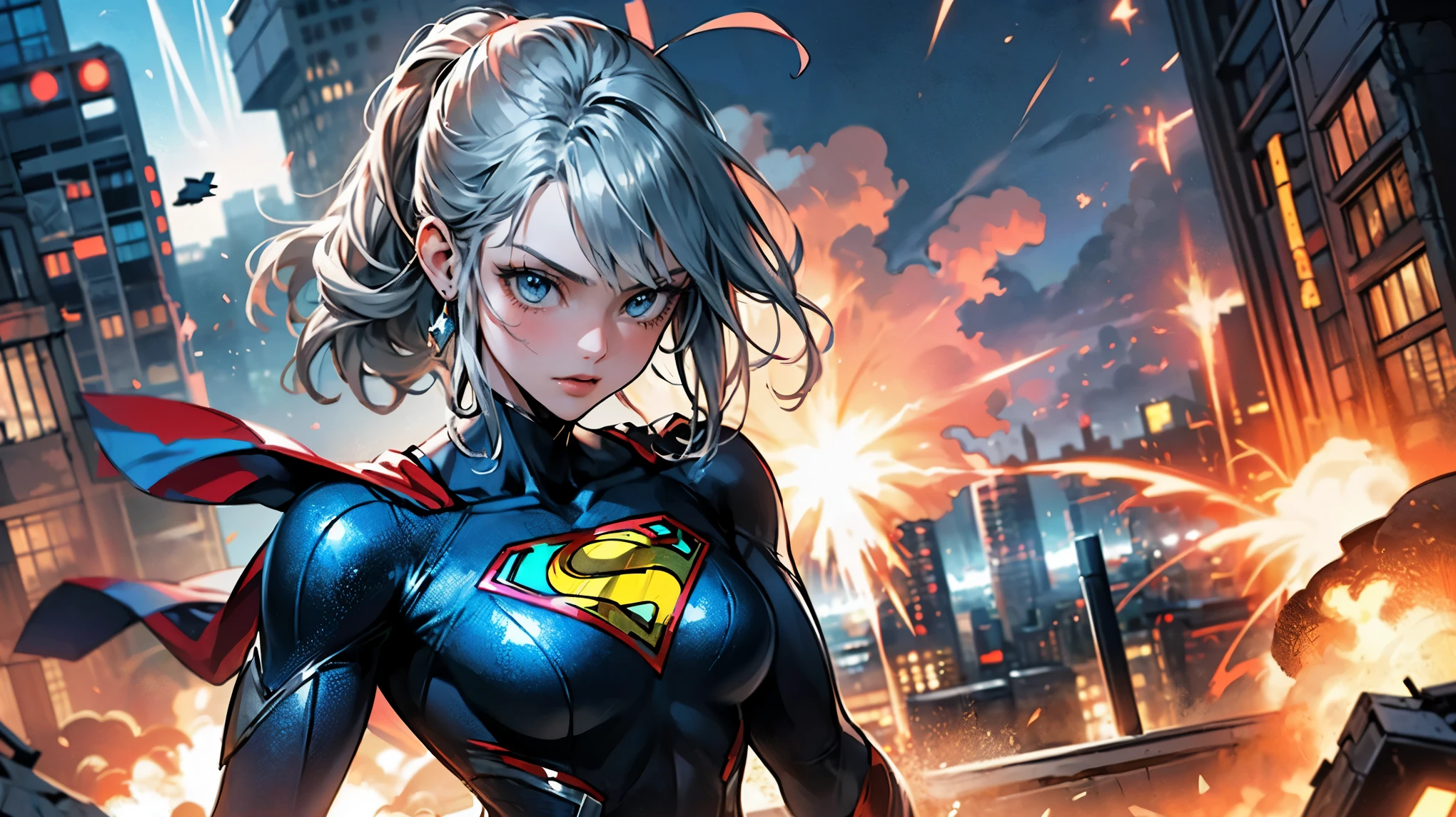 1girl, solo, action shots of female, blonde hair in a ponytail, ((wearing a skimpy revealing black and silver version of the evil superman suit man of steel)), skirt, no pants, ((skirt blowing in the wind revealing visible vagina)),
small breasts, boob window, (explosions in the background a city in ruins), Style-BladeRunner2049-8v Intricate, High Detail, Sharp focus, dramatic,