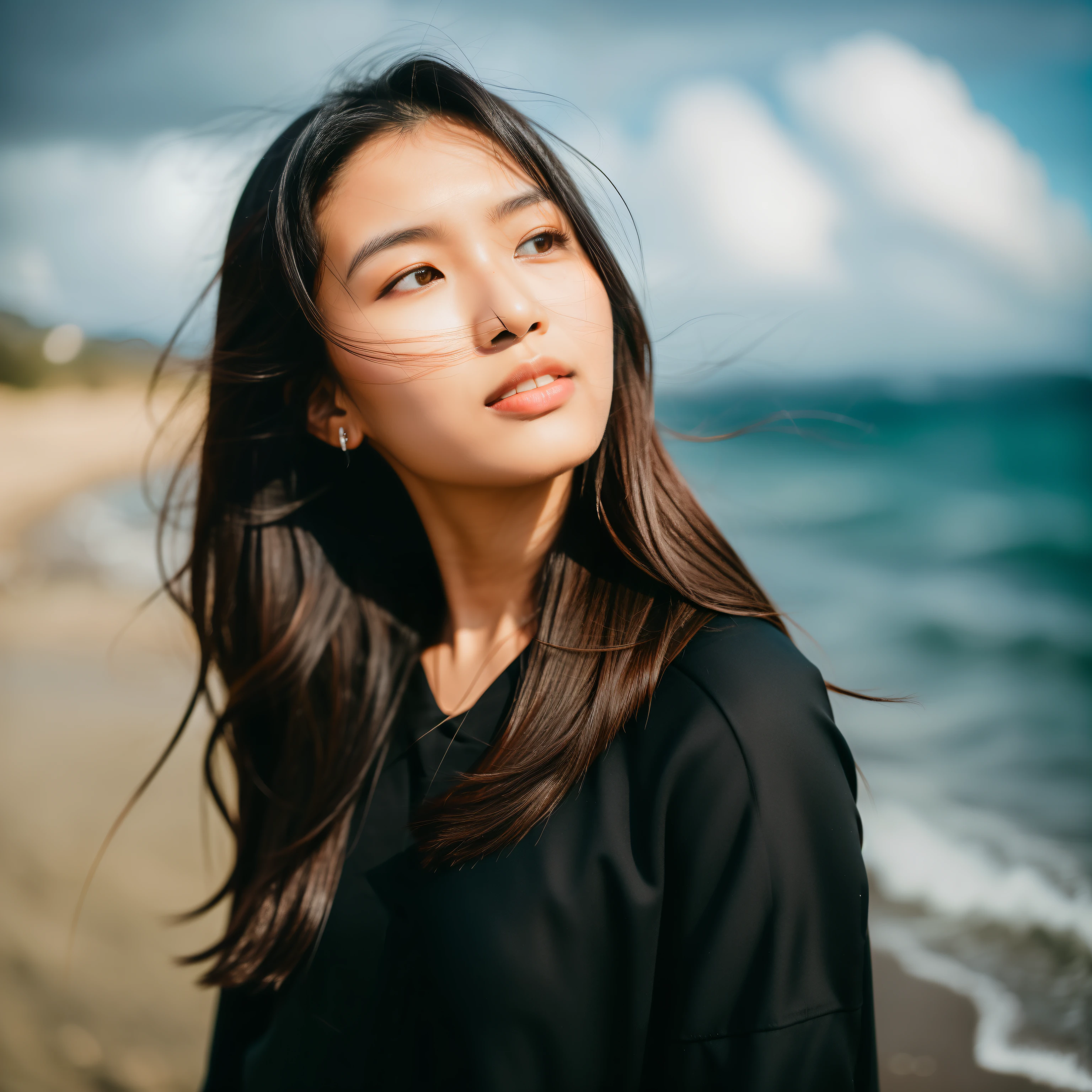 (High quality, super high detail, 21-year-old indonesia girl, long hair, dressed in black, smooth skin, clearly visible pores) on a cloudy day (coastline), (wind howling, waves: 1.2), shooting in soft light, using DSLR, ((Fujifilm XT3:1.1)|( Film grain: 0.9)) texture, 8K UHD resolution picture.