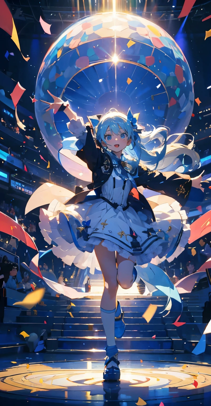 (muste piece), (best quality), very detailed, ((1 girl)), solo full body shot,Low - Angle,dynamic,jump,((happy face)),perfect face, beautiful face, very detailedな顔,(Light blue long hair_blue eyes:1.3),idol costume,Solo Idol,Ribbon hair ornament,concert dome,live,have a microphone,singing,Smiling with mouth wide open,Laser Light,confetti