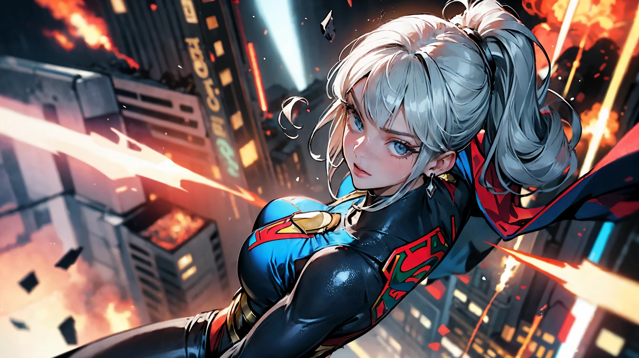 1girl, solo, action shots of female, blonde hair in a ponytail, ((wearing a skimpy revealing black and silver version of the evil superman suit man of steel)), small breats, boob window, (explosions in the background a city in ruins), Style-BladeRunner2049-8v Intricate, High Detail, Sharp focus, dramatic,