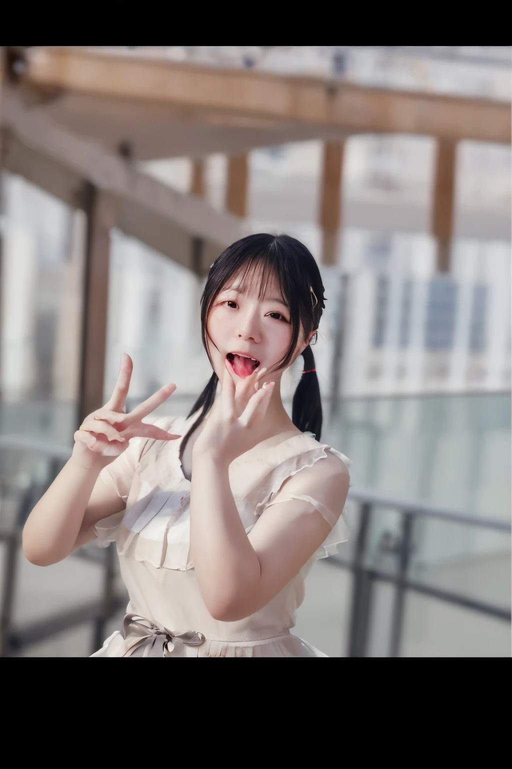 realistic,(masterpiece, high quality:1.2) ,realistic으로, RAW photographer, Wide Wide Shot,  ( hand sign), verbal invitation, with mouth open, (Just enough to earn), Hair adjustment, Hair tying,