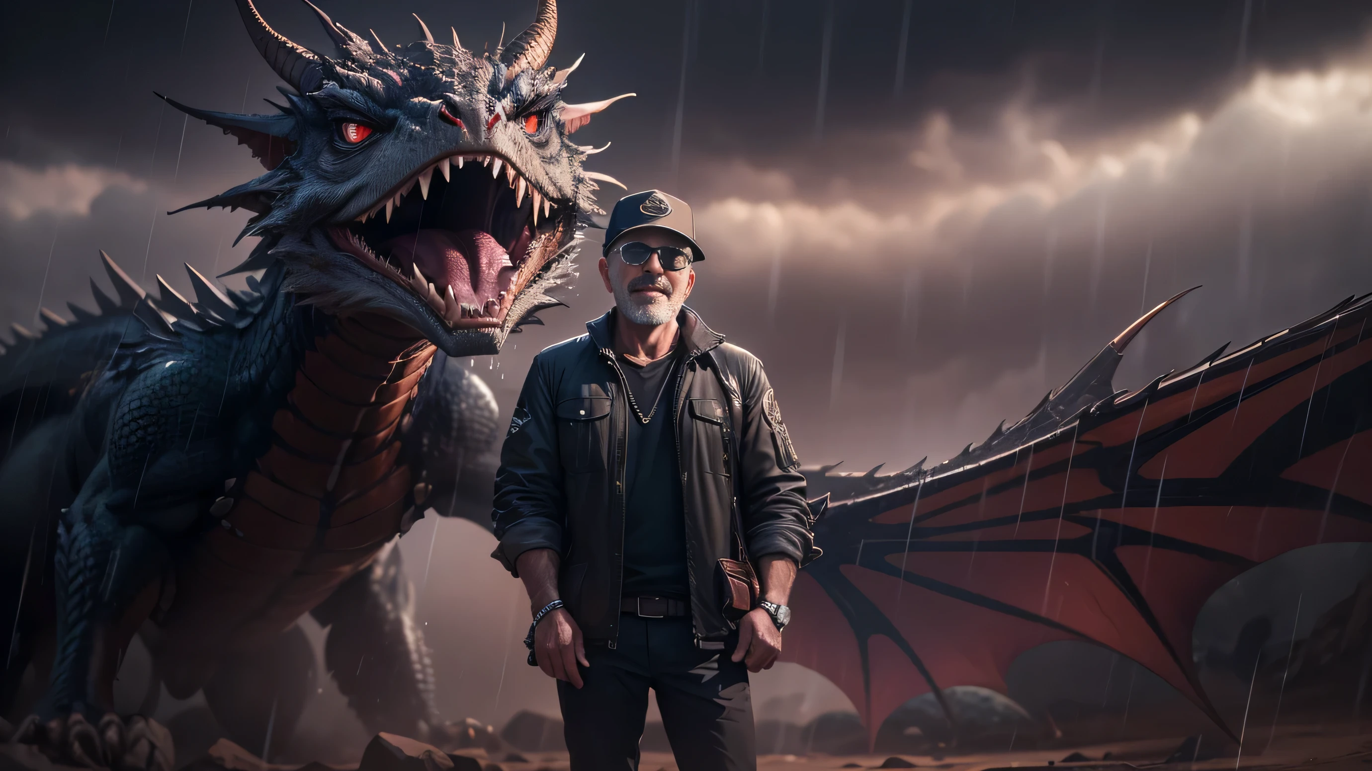 Capture a hyper-realistic image in a panoramic shot, showing a full length view of a 55 year old bald man wearing a black cap and RayBan wayfarer sunglasses., vestido con un equipo de explorador oscuro y gorra negra de estilo camuflaje, smiling and looking at camera accompanied by a dragon with wings, Depicts the adventurous explorer with dark sunglasses evading a medium-sized, well-proportioned winged dragon., under a very copious cinematic rain, with stunning lighting for perfect shooting, Winged dragon. primer plano, 8k photography, Foto selfie, Professional photography, 8k, foto cruda, La mejor calidad, Obra maestra, fotorrealista, Altamente detallado, cinematic lighting, Sharp focus, digital slr camera, high resolution, fotorrealista, 