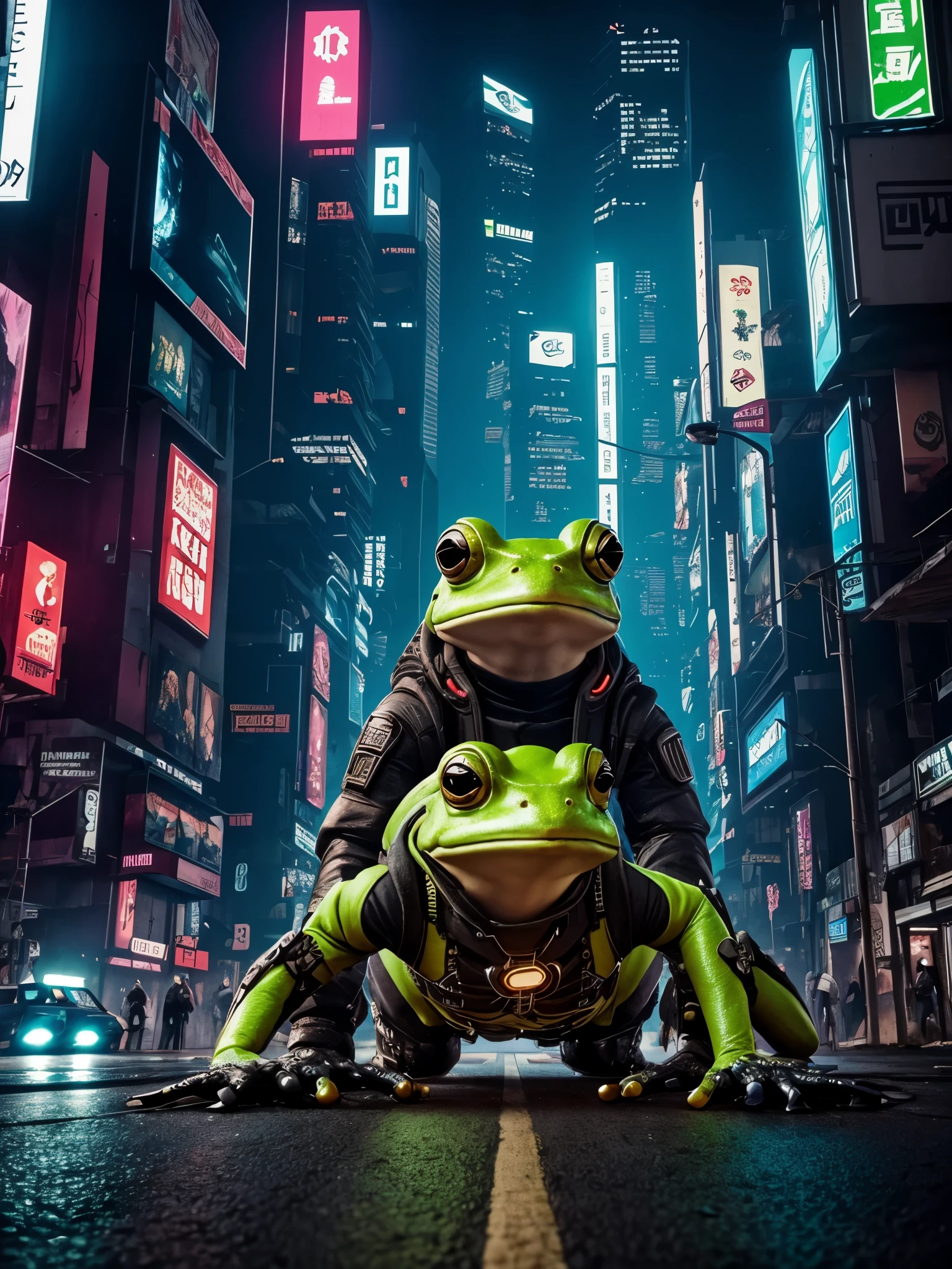cyberpunk frog com cartola sentado em um cogumelo