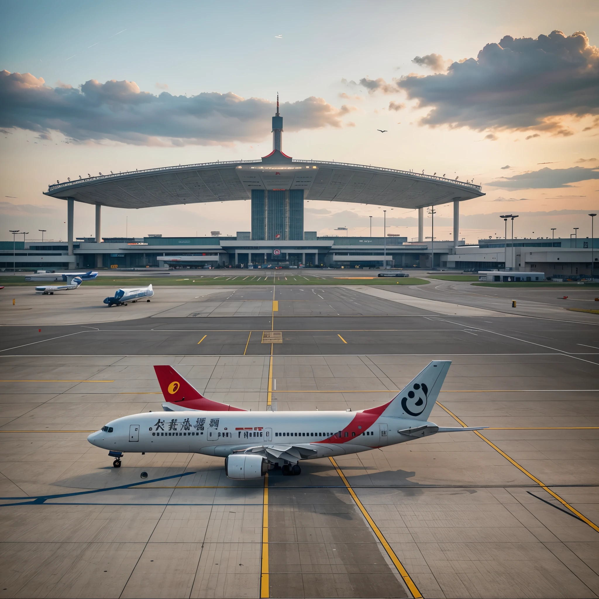 A realistic image of a chinese airport, the sight of airplanes landing, a cinematic scene